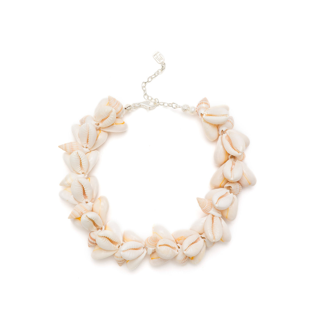 Cowrie shell and pearl anklet on a white background