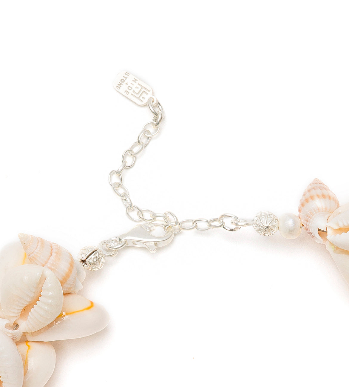 Close up of Cowrie shell and pearl anklet on a white background