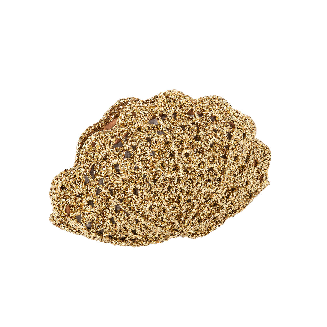 Handcrafted gold metallic crochet scallop shell clutch.