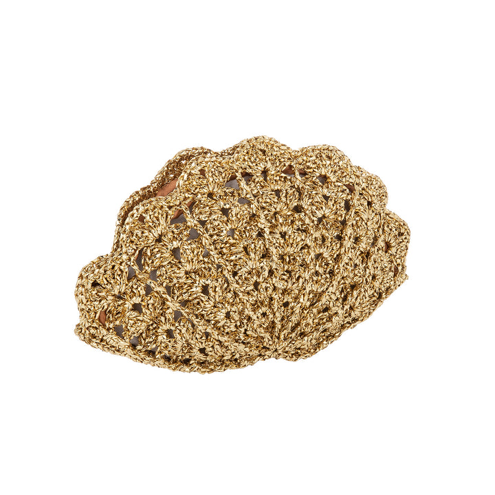 Handcrafted gold metallic crochet scallop shell clutch.