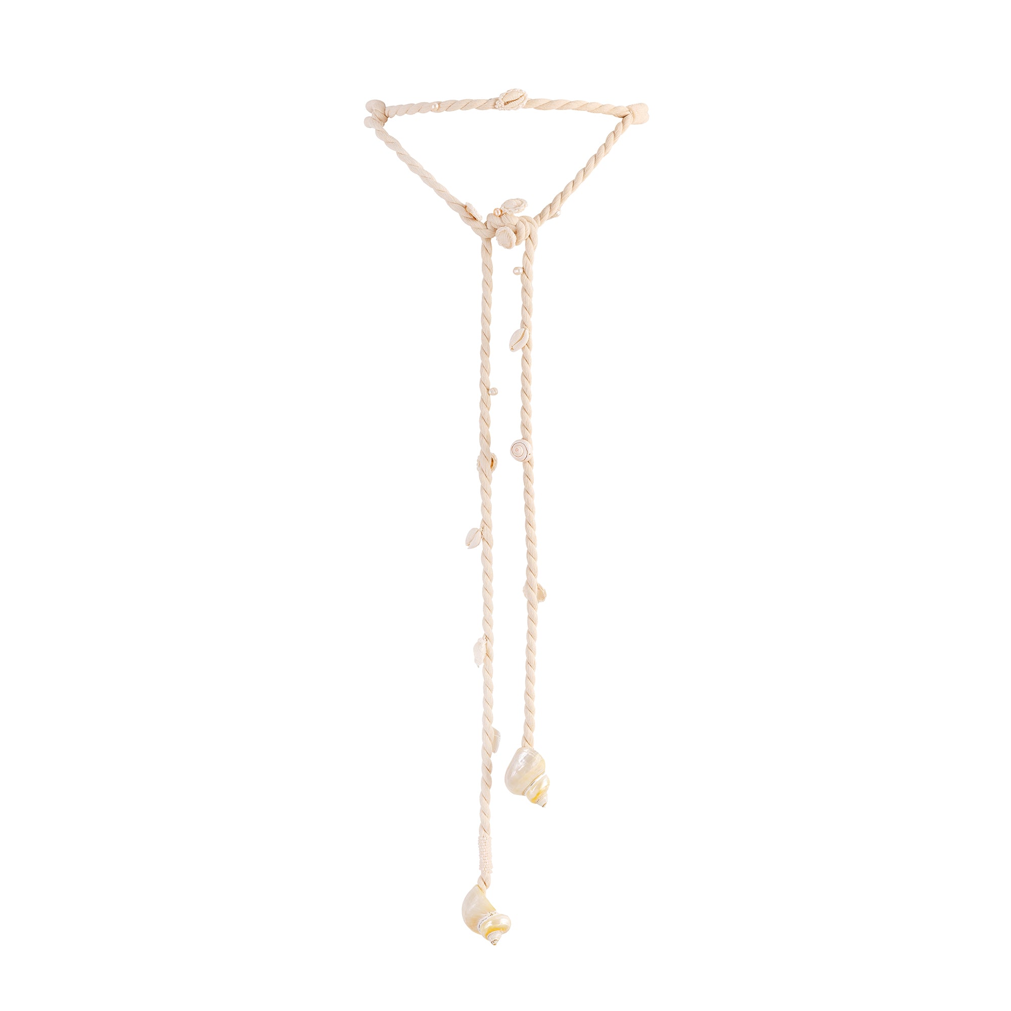 Handcrafted ecru twisted cotton rope belt featuring Mother of Pearl and natural shell embellishments on a white background.