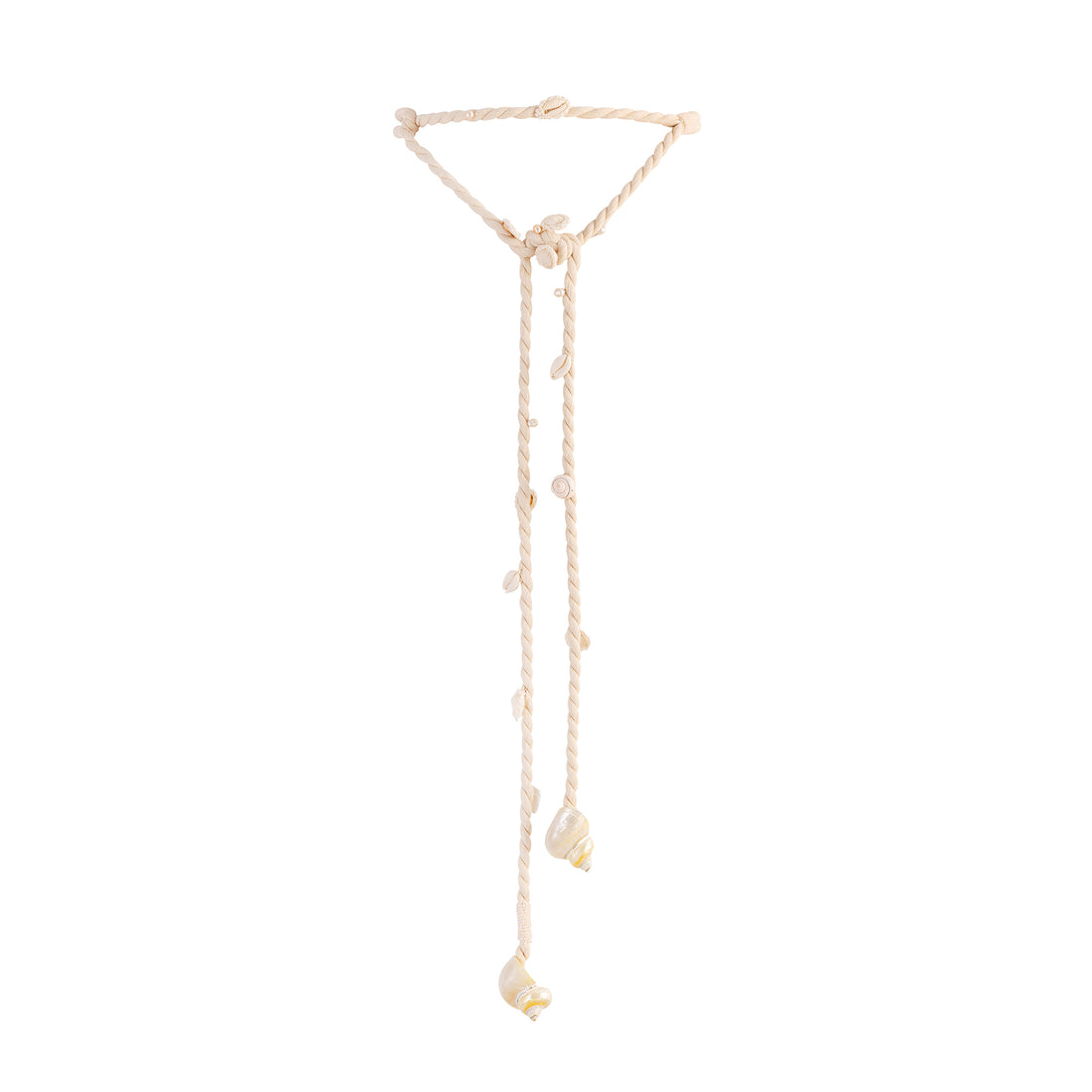 Handcrafted ecru twisted cotton rope belt featuring Mother of Pearl and natural shell embellishments on a white background.
