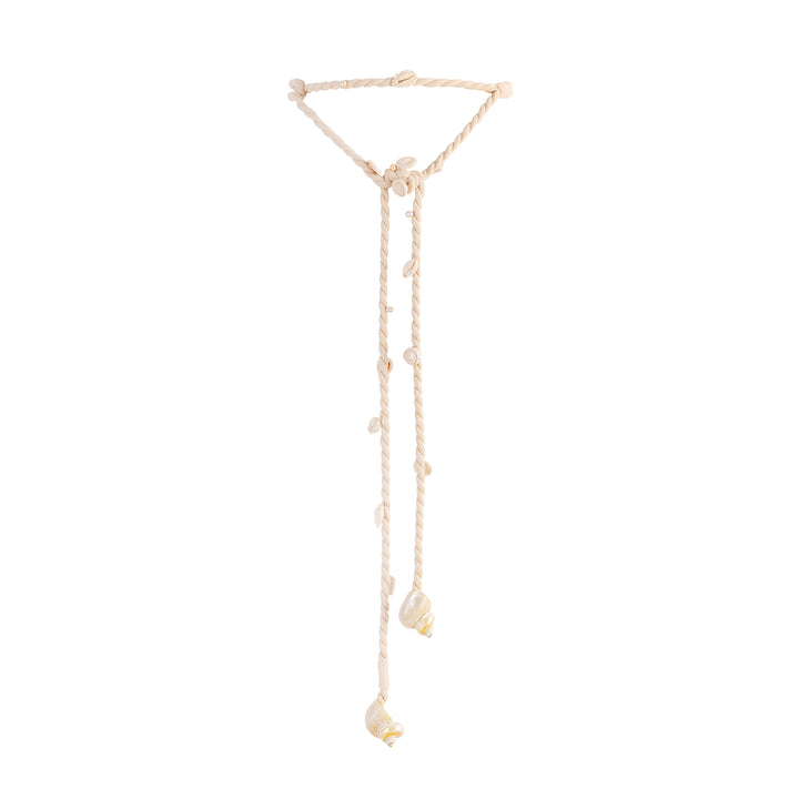 Handcrafted ecru twisted cotton rope belt featuring Mother of Pearl and natural shell embellishments on a white background.