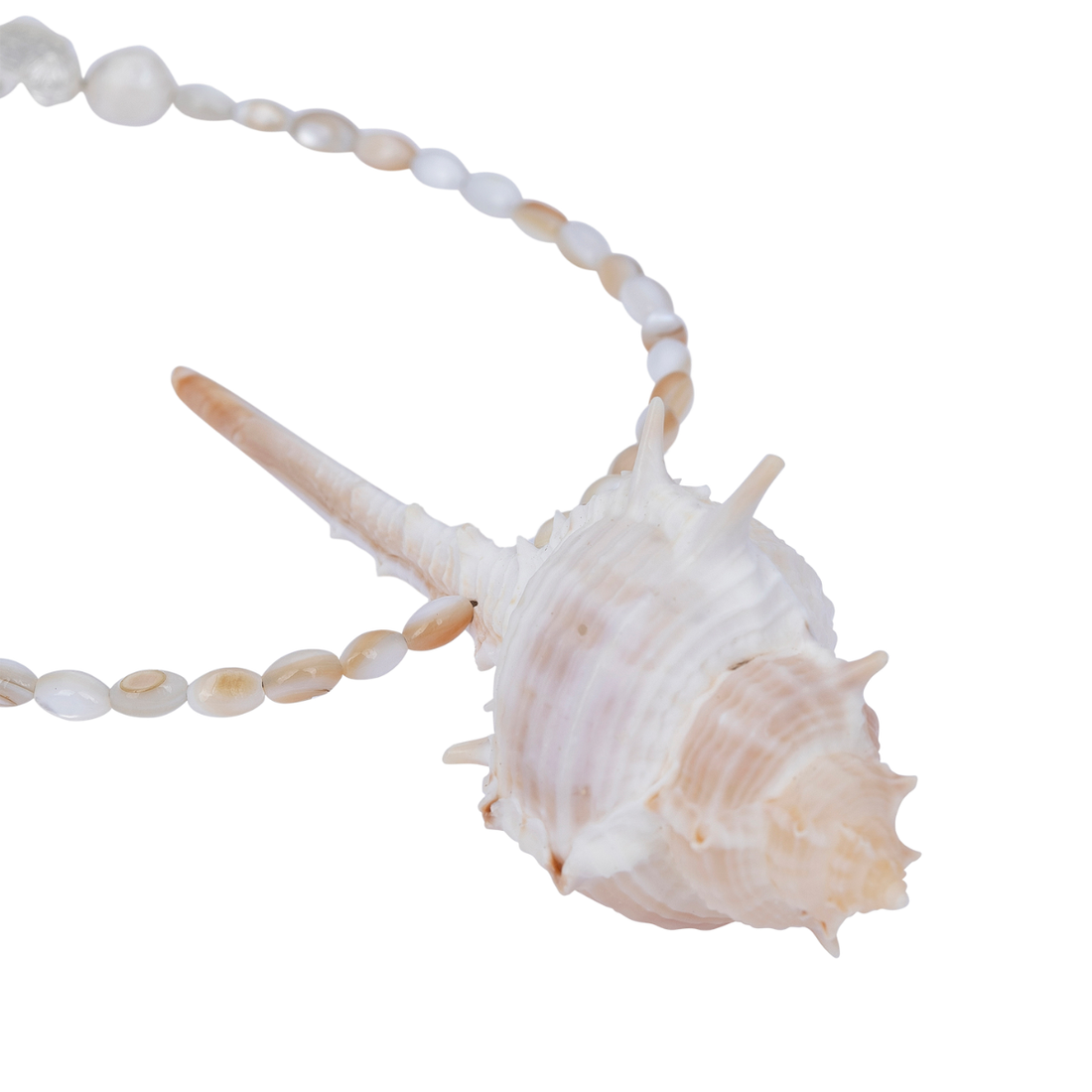 Close-up of a natural, spiny conch shell pendant on a bracelet of mother-of-pearl heishi beads, detailing the shell's texture, cream and light beige coloration, and sharp spines against a white background.