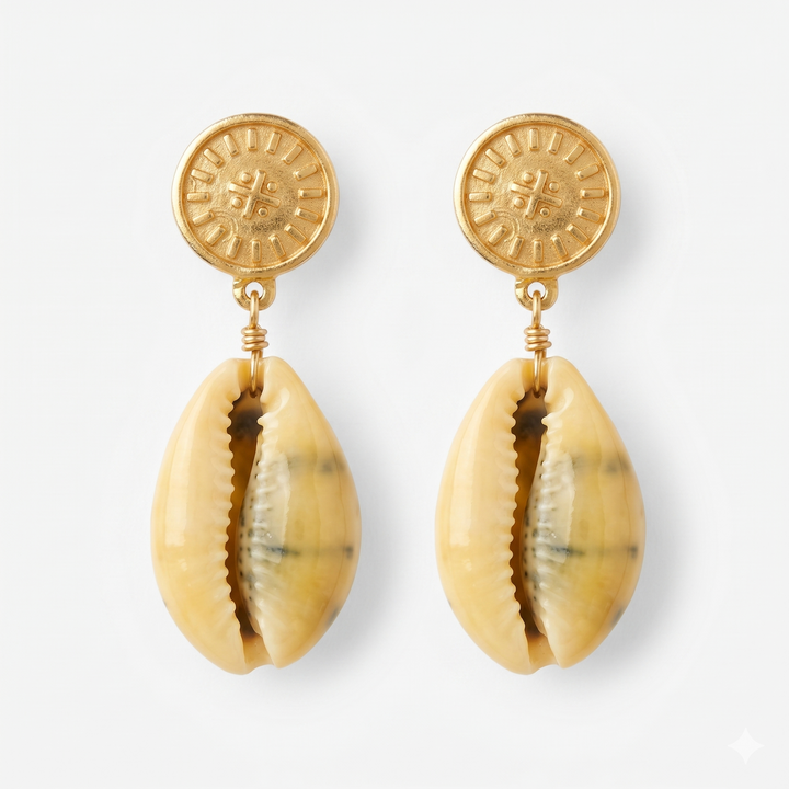 gold-plated cowrie shell earrings with a nibiru symbol