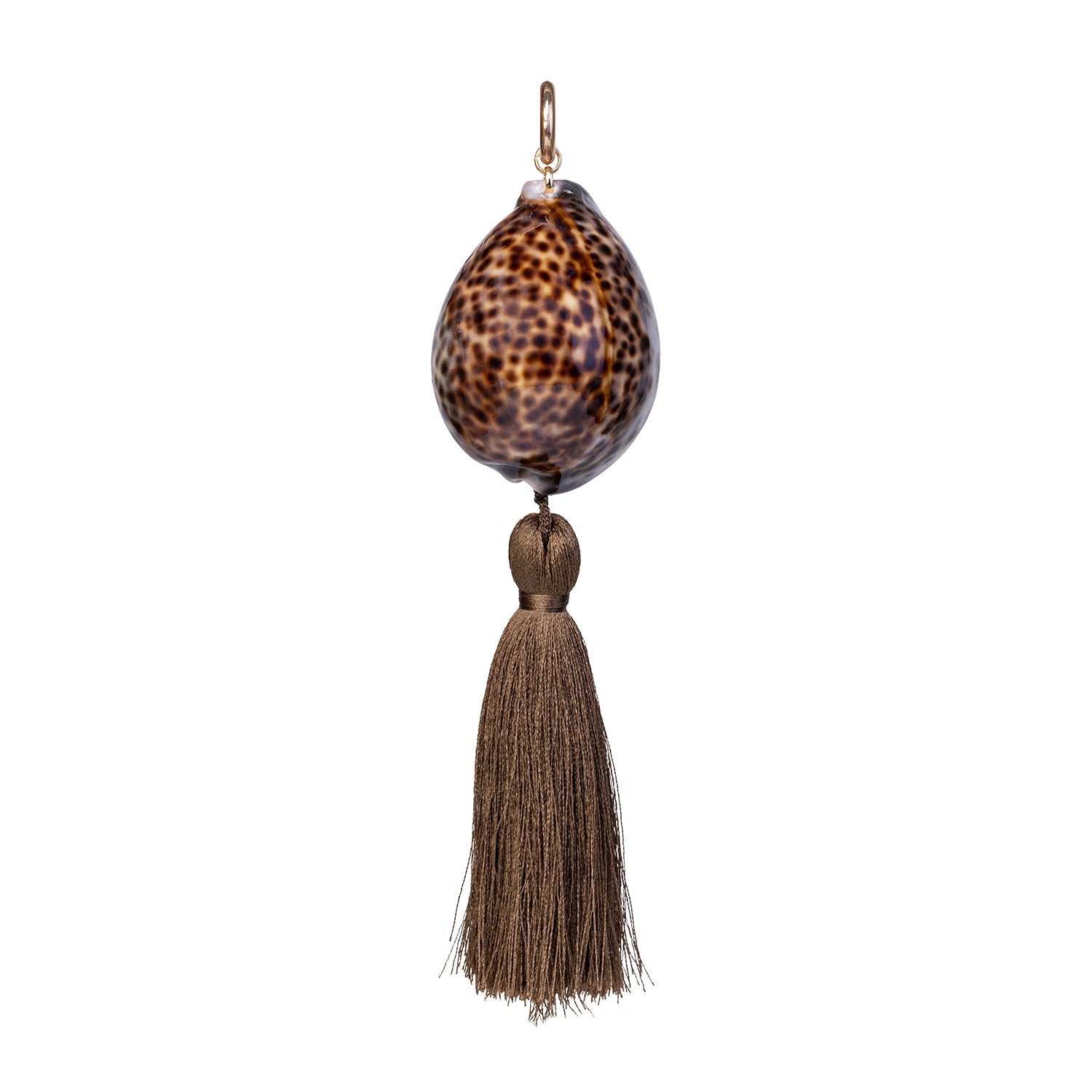 Handcrafted accessory featuring a natural spotted Tiger Cowrie shell and a rich brown cotton tassel on a gold-toned ring.