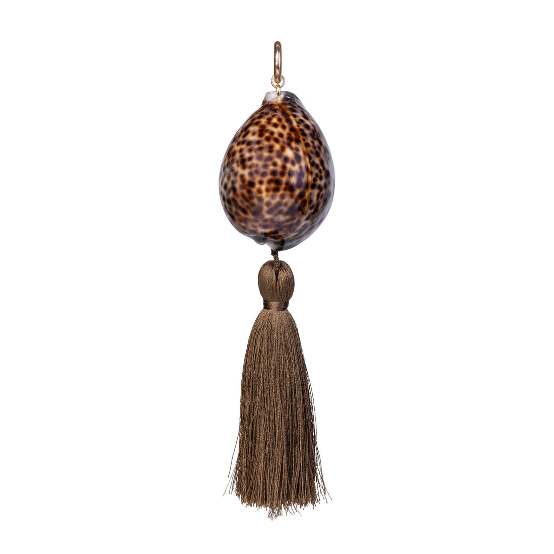 Handcrafted accessory featuring a natural spotted Tiger Cowrie shell and a rich brown cotton tassel on a gold-toned ring.