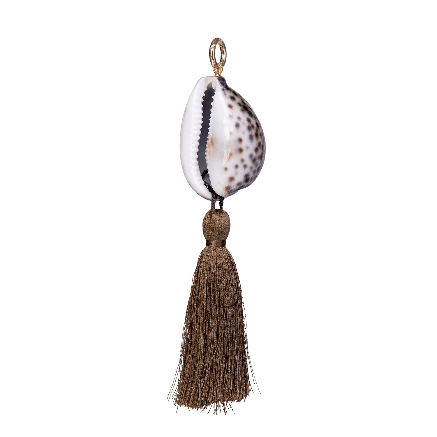 Back profile of the Shell Fob, highlighting the polished texture of the natural Cowrie shell and its artisanal tassel detail.
