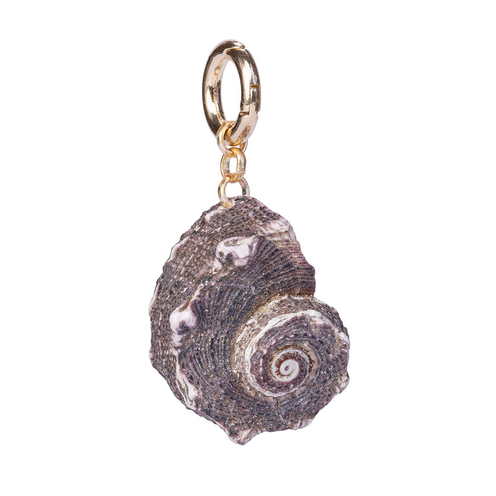 Handcrafted fob featuring a natural, textured spiral shell in earthy purple and grey tones, attached to a gold-toned spring ring clasp against a white background.