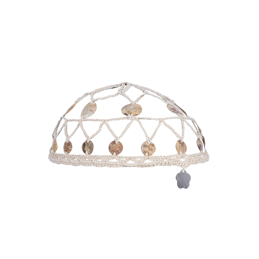 Handcrafted ecru lattice crochet headpiece featuring round natural shell disc embellishments.
