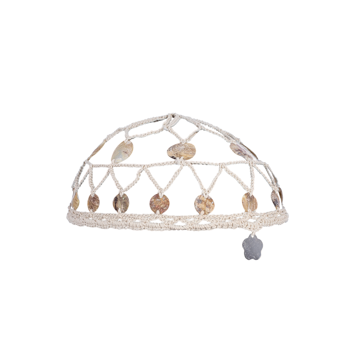 Handcrafted ecru lattice crochet headpiece featuring round natural shell disc embellishments.