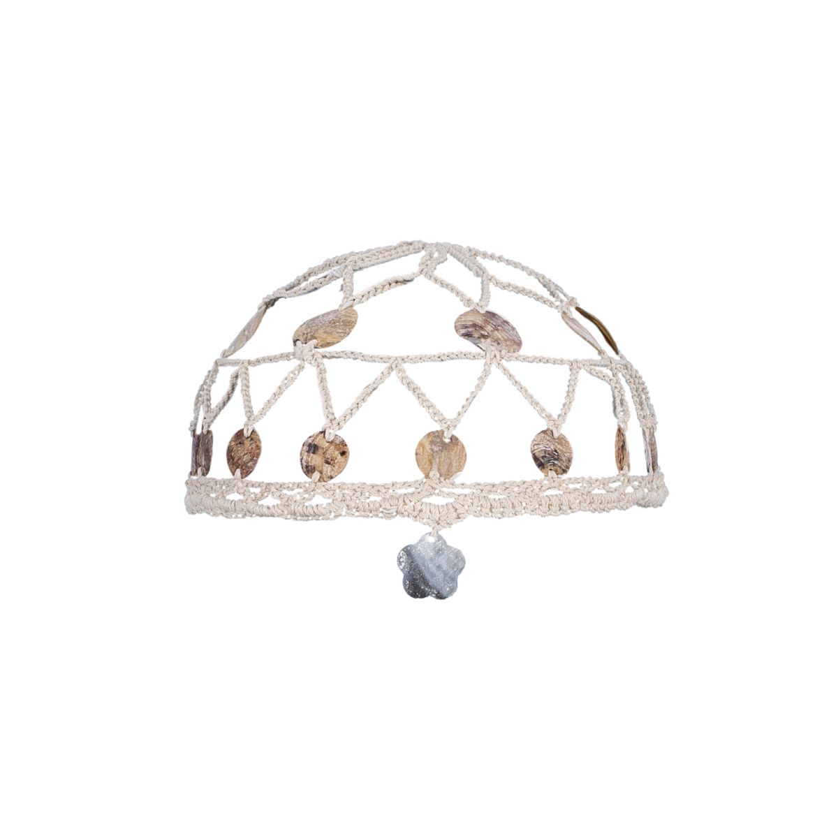 Handcrafted ecru lattice crochet headpiece featuring round natural shell disc embellishments.
