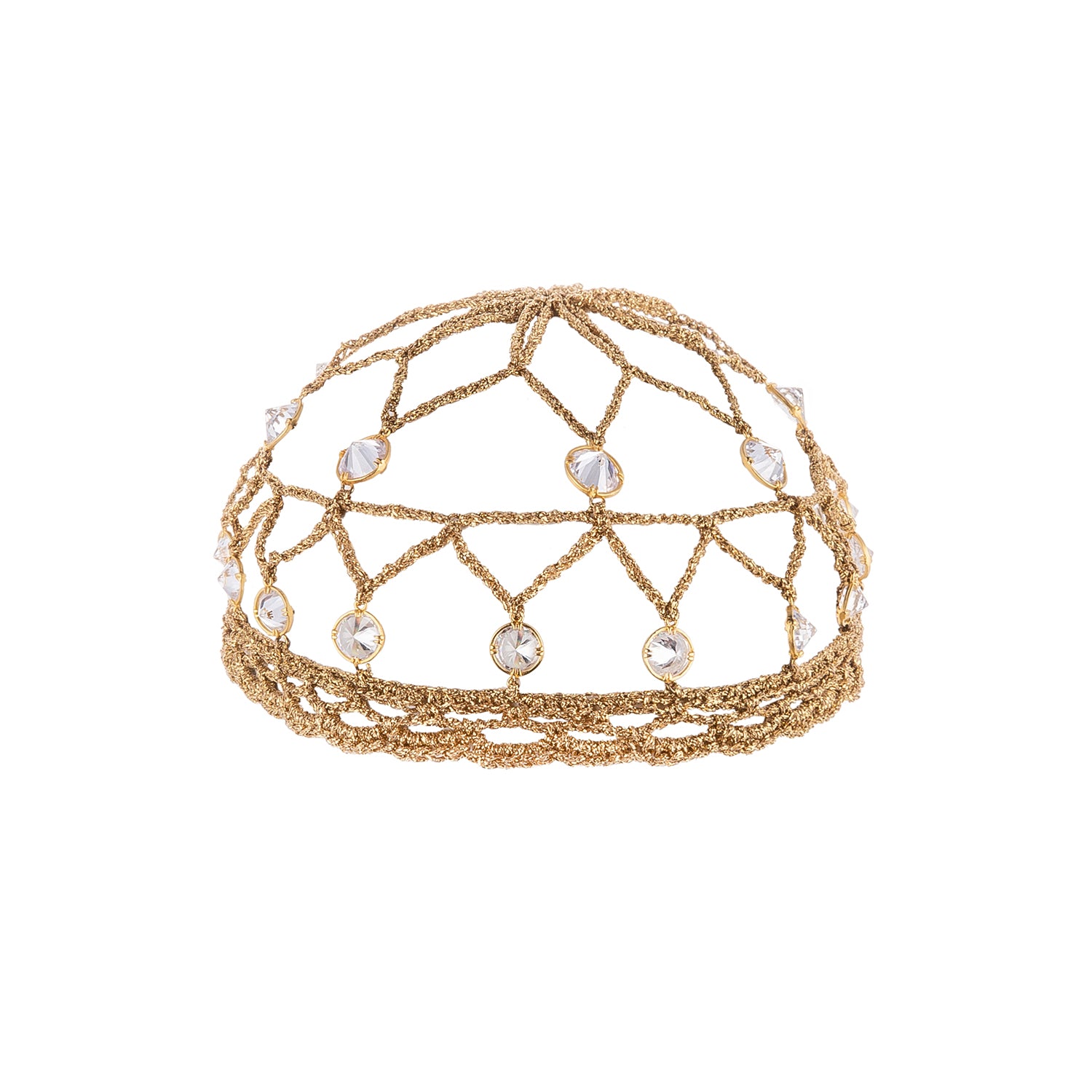Handcrafted gold metallic crochet headpiece featuring crystal-embellished detailing.
