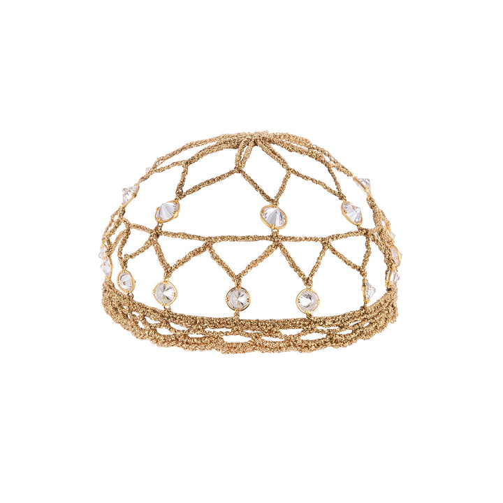 Handcrafted gold metallic crochet headpiece featuring crystal-embellished detailing.