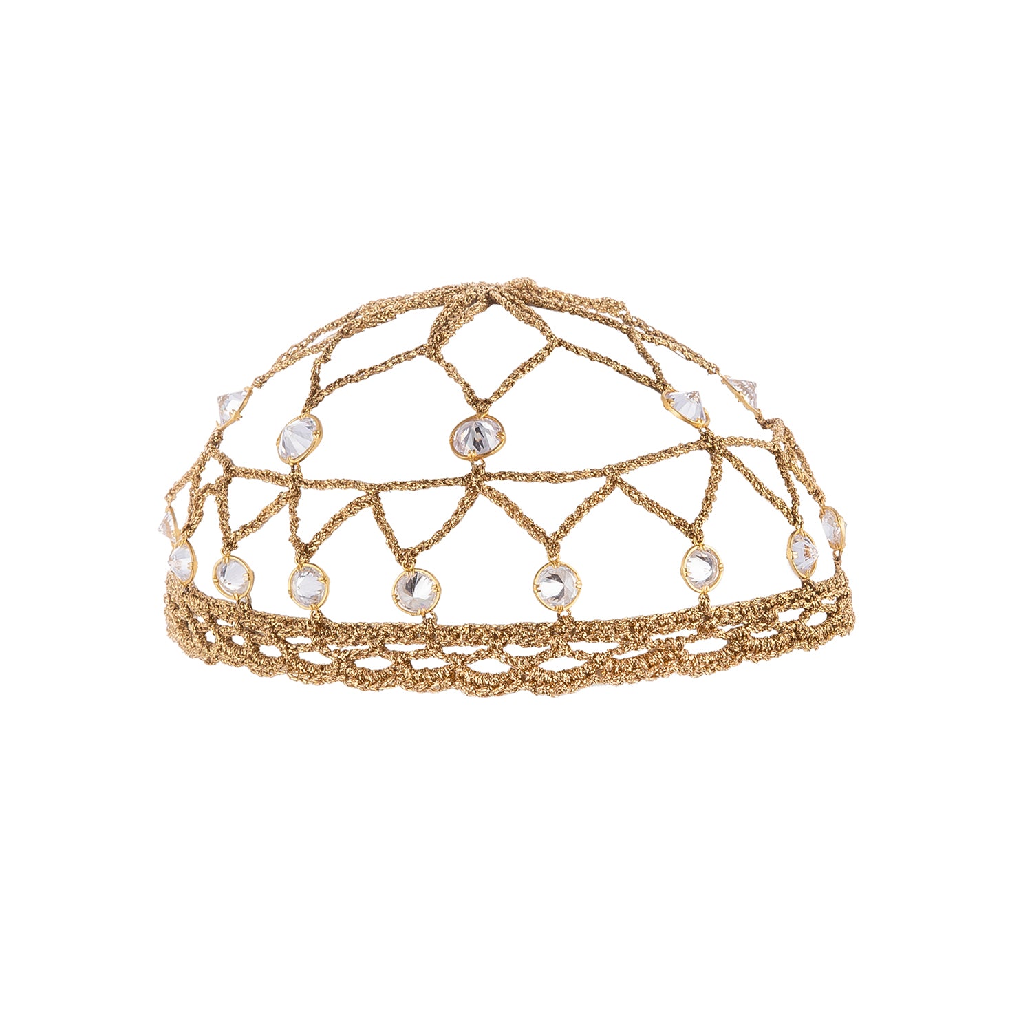 Handcrafted gold metallic crochet headpiece featuring crystal-embellished detailing.