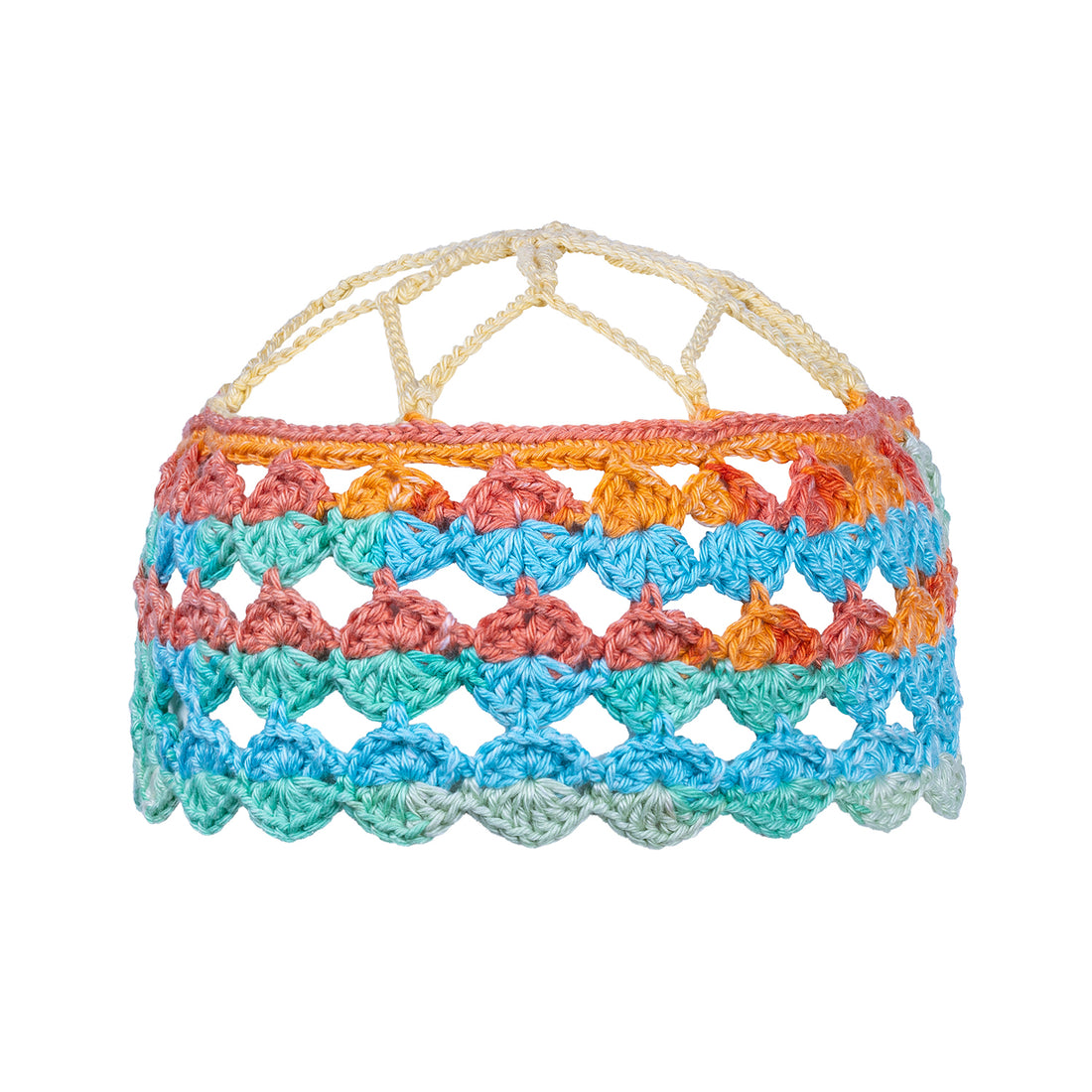 Colorful crocheted headpiece with a white background