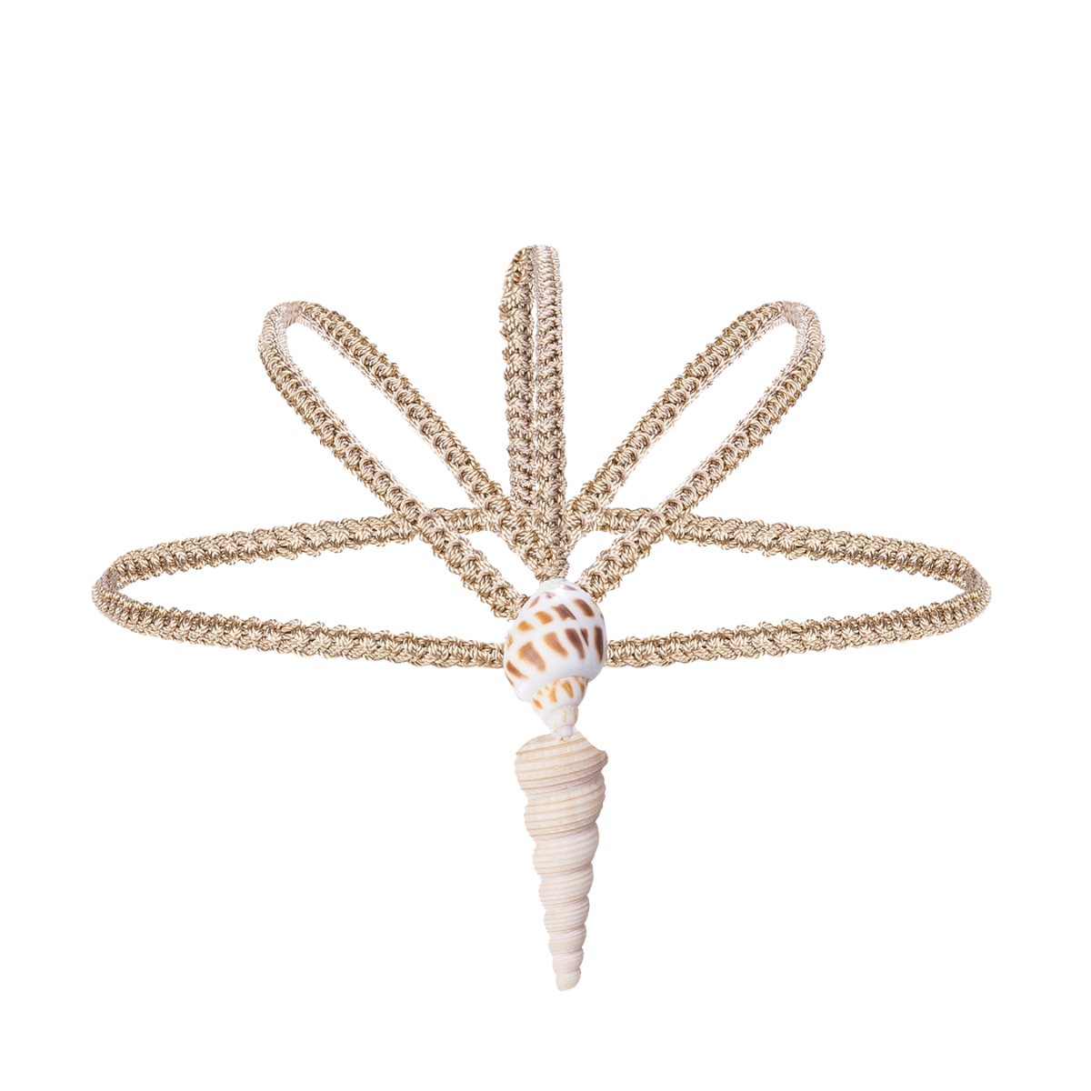 Handmade Macrame headpiece with shell accents on a white background