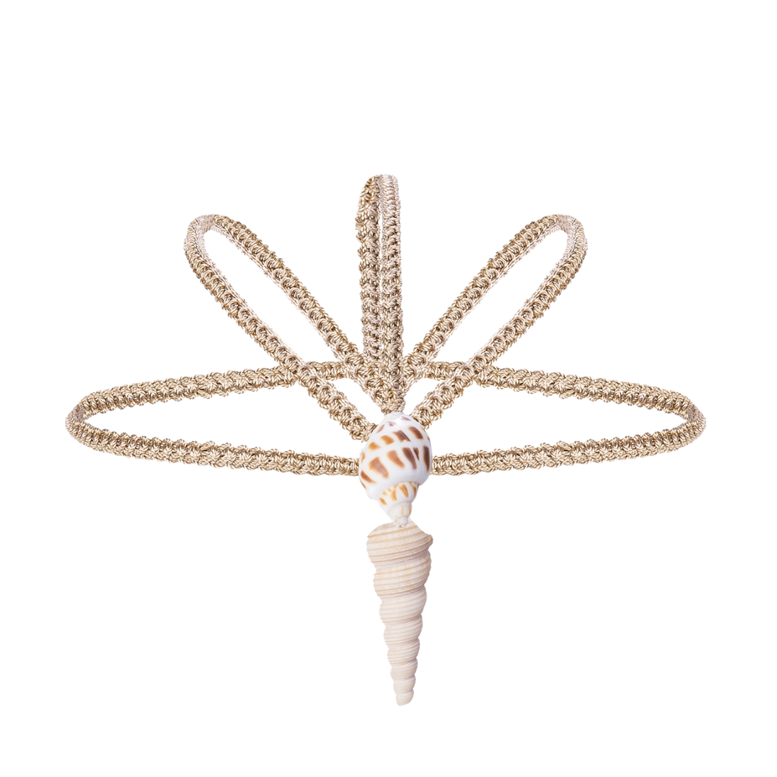 Handmade Macrame headpiece with shell accents on a white background