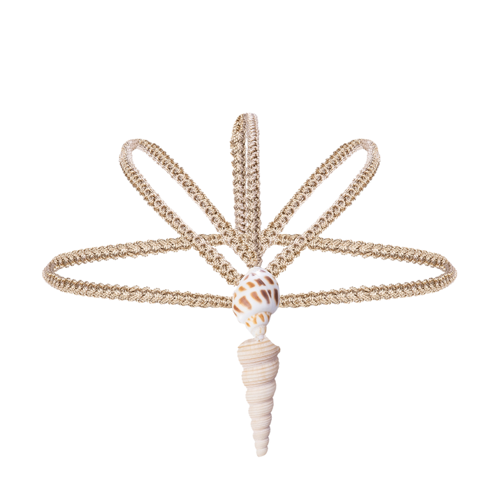 Handmade Macrame headpiece with shell accents on a white background