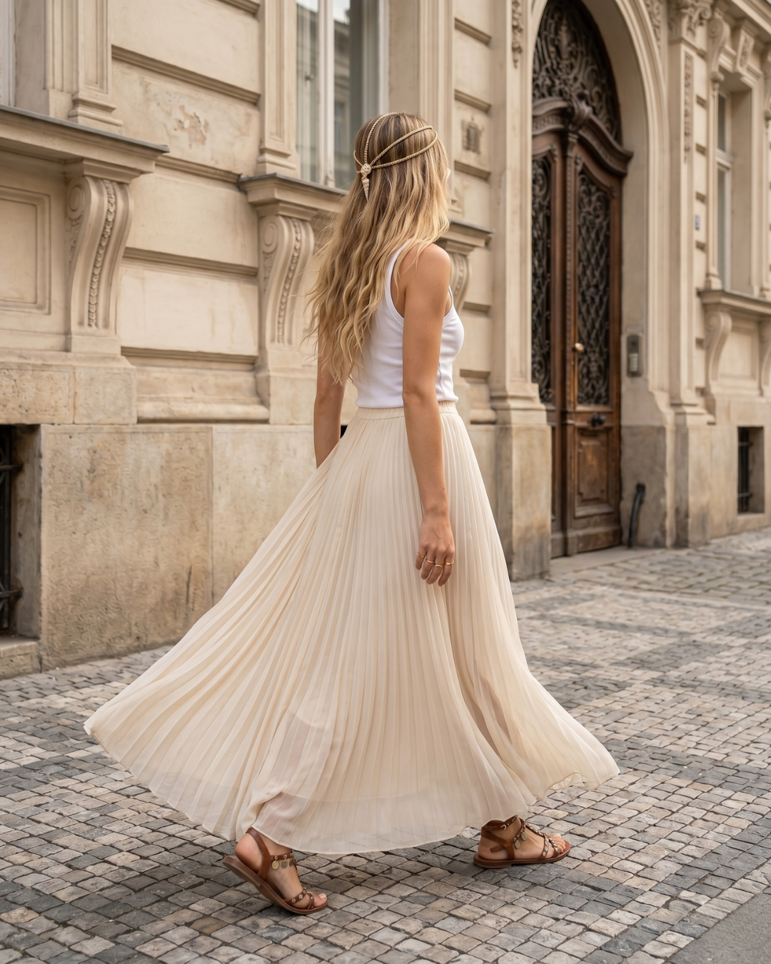 Woman in a white top and beige pleated skirt walking on a cobblestone street in front of an old building wearing a Handmade Macrame headpiece with shell accents.