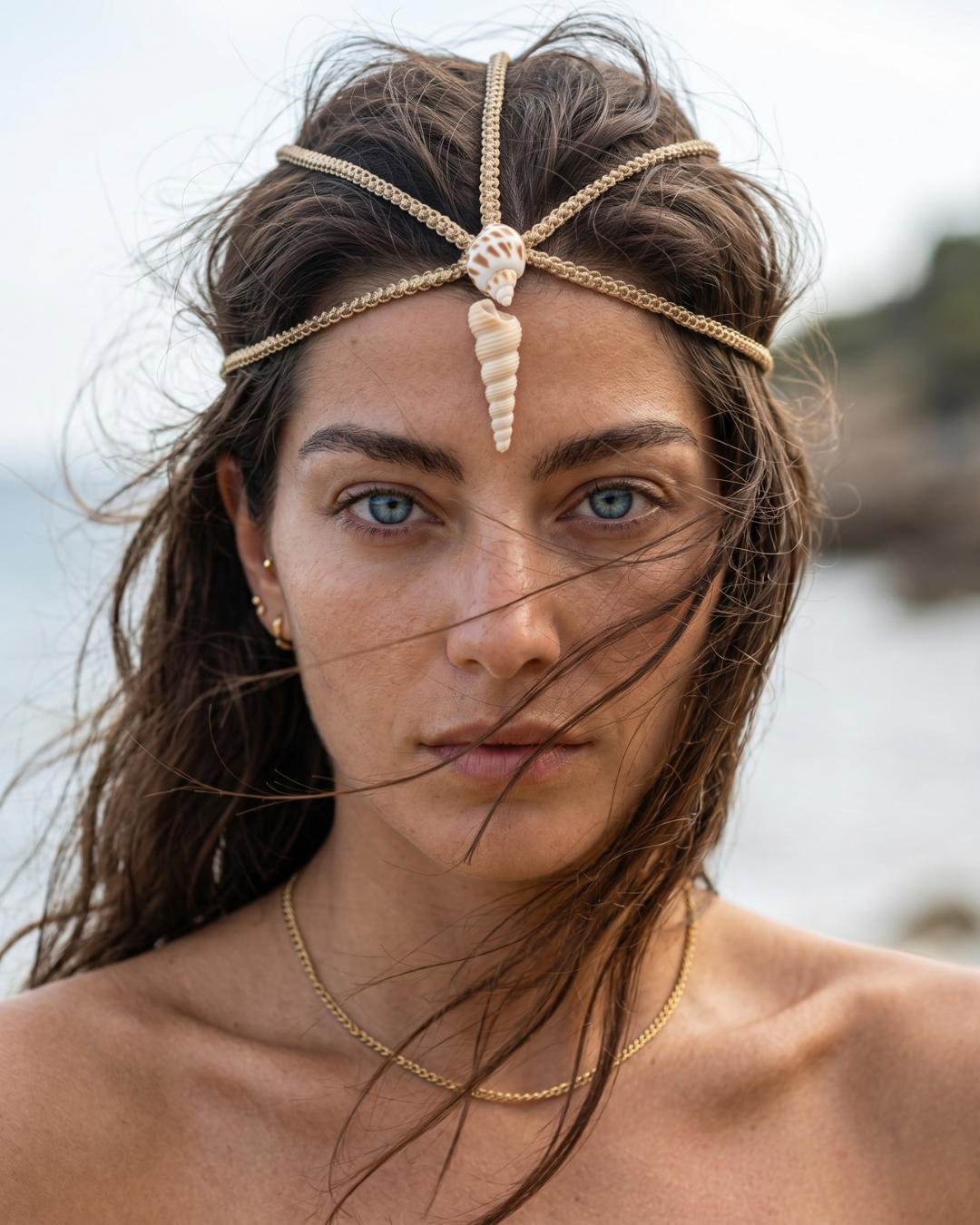 Woman wearing a Handmade Macrame headpiece with shell accents and gold necklace against a blurred natural background