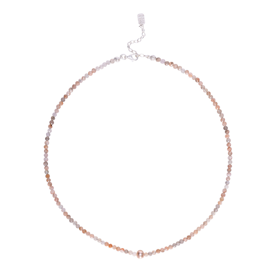 Handcrafted necklace featuring faceted sunstone beads and a central pearl accent with a silver clasp.