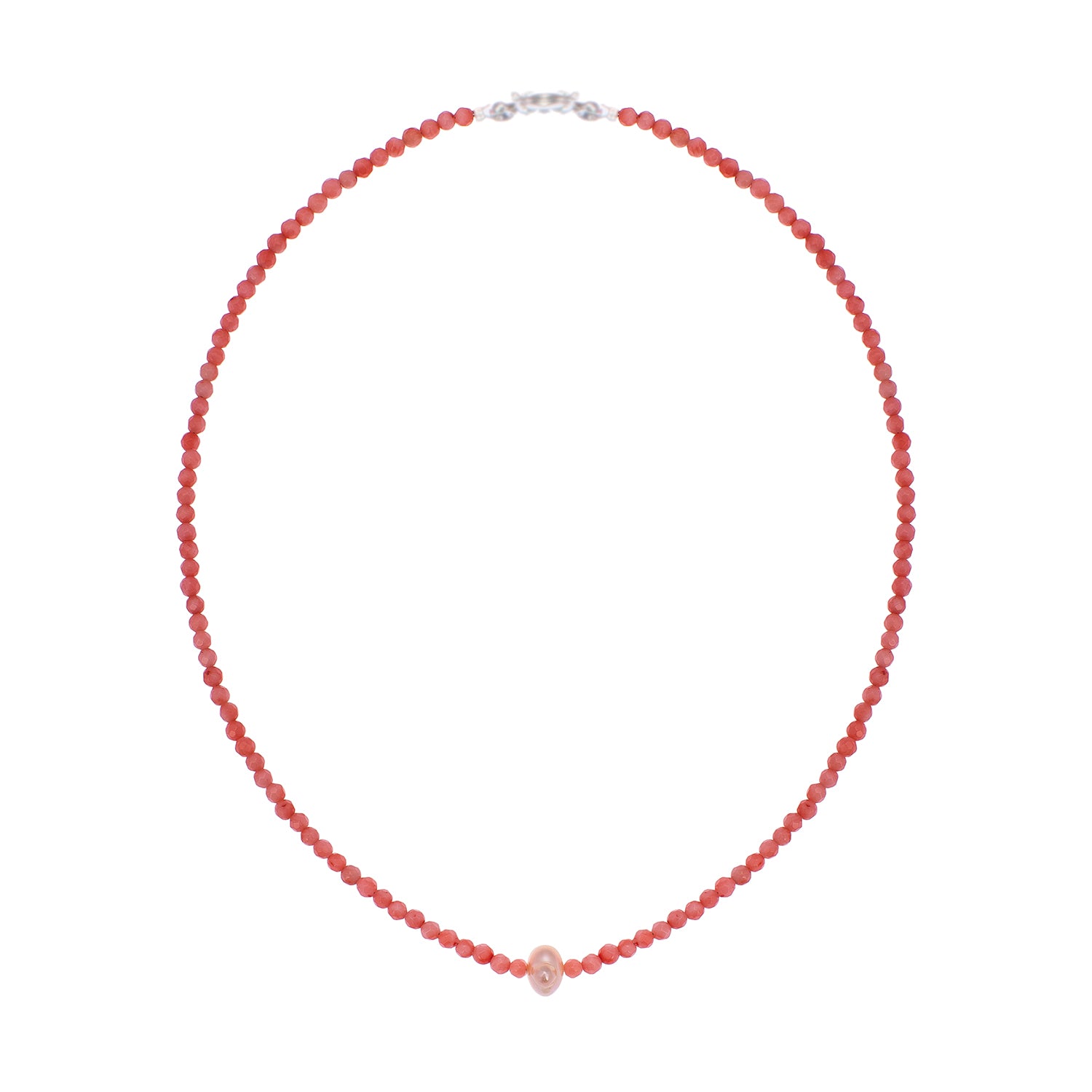 Artisanal neckpiece featuring vibrant faceted coral beads centered by a single organic pearl.