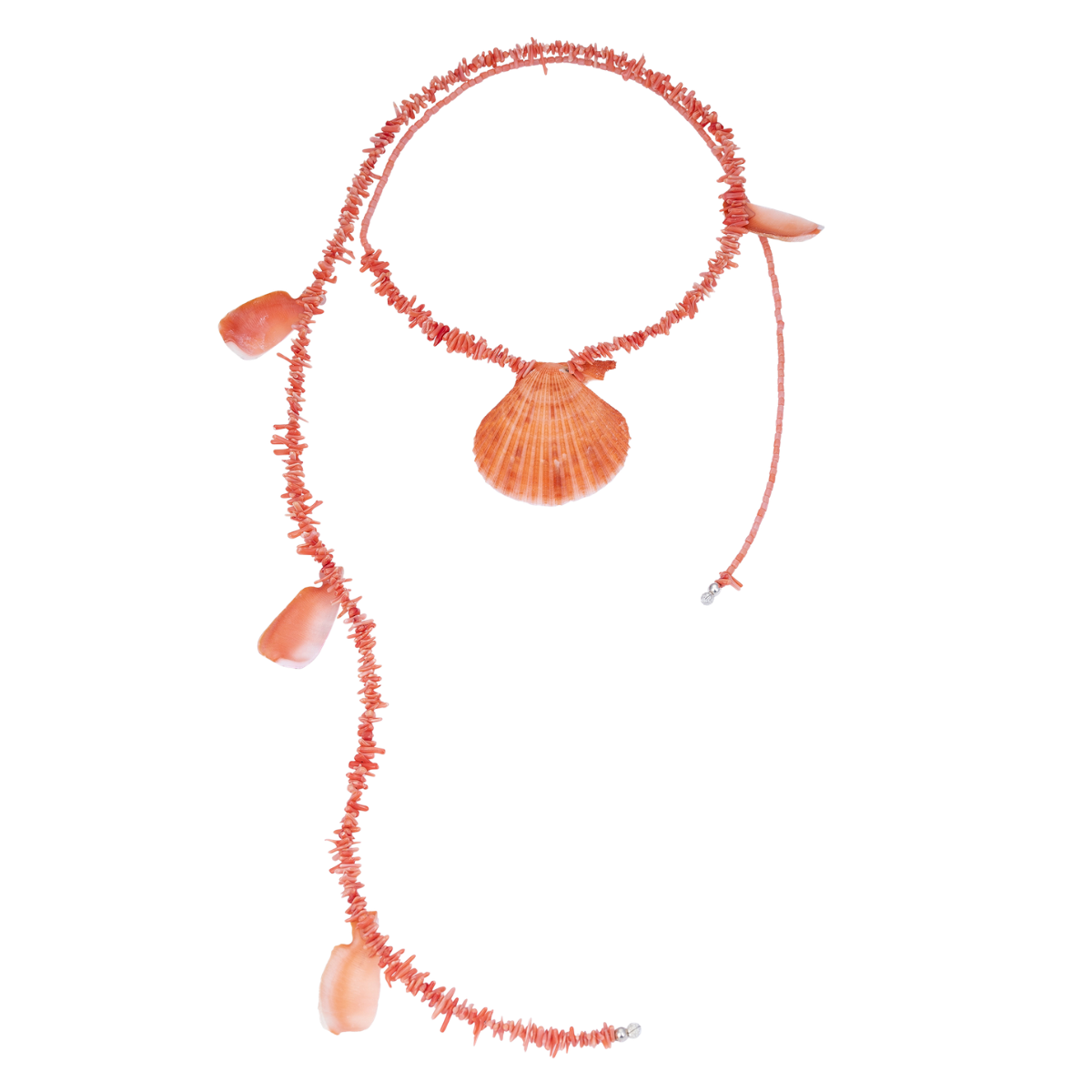 Coral-colored necklace with shell pendant on a white background