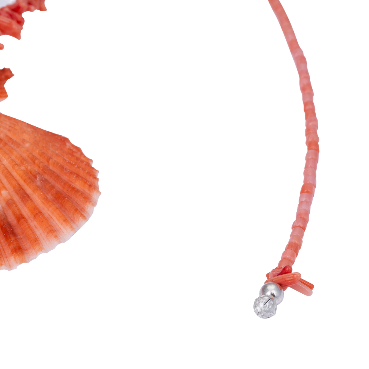Close-up of a coral necklace with a silver finishing on a white background