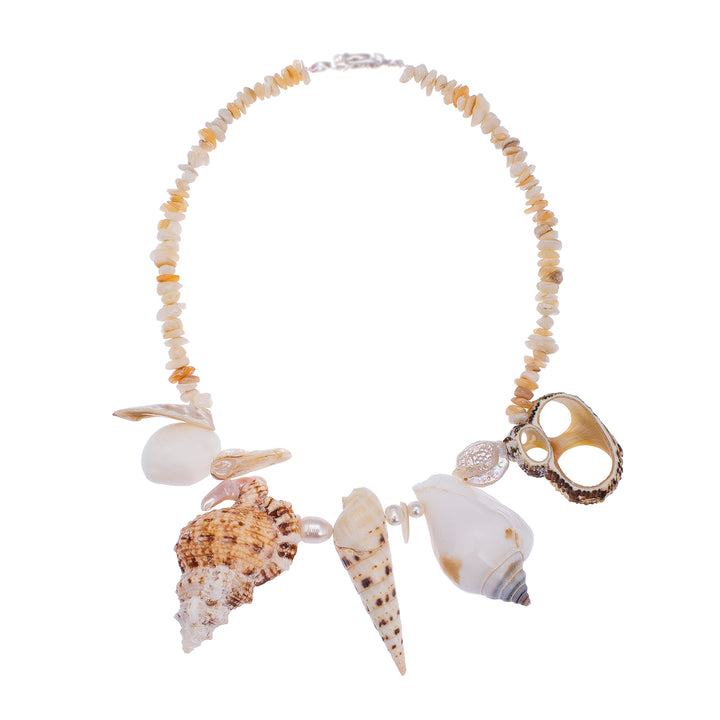 Artisanal necklace crafted with mother-of-pearl heishi beads and a curated selection of natural, hand-selected statement shells.
