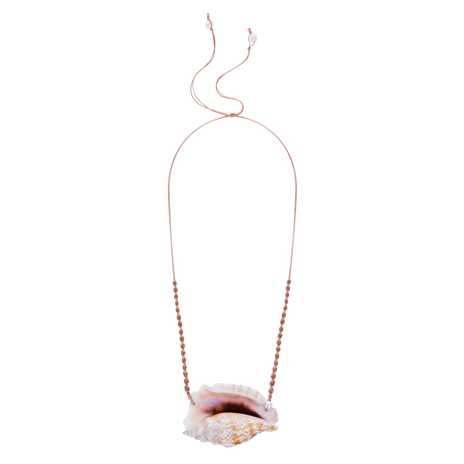 Front view of the Cowrie Helmut Neckpiece featuring a natural helmet shell pendant with a pearl accent on a hand-knotted silk cord.