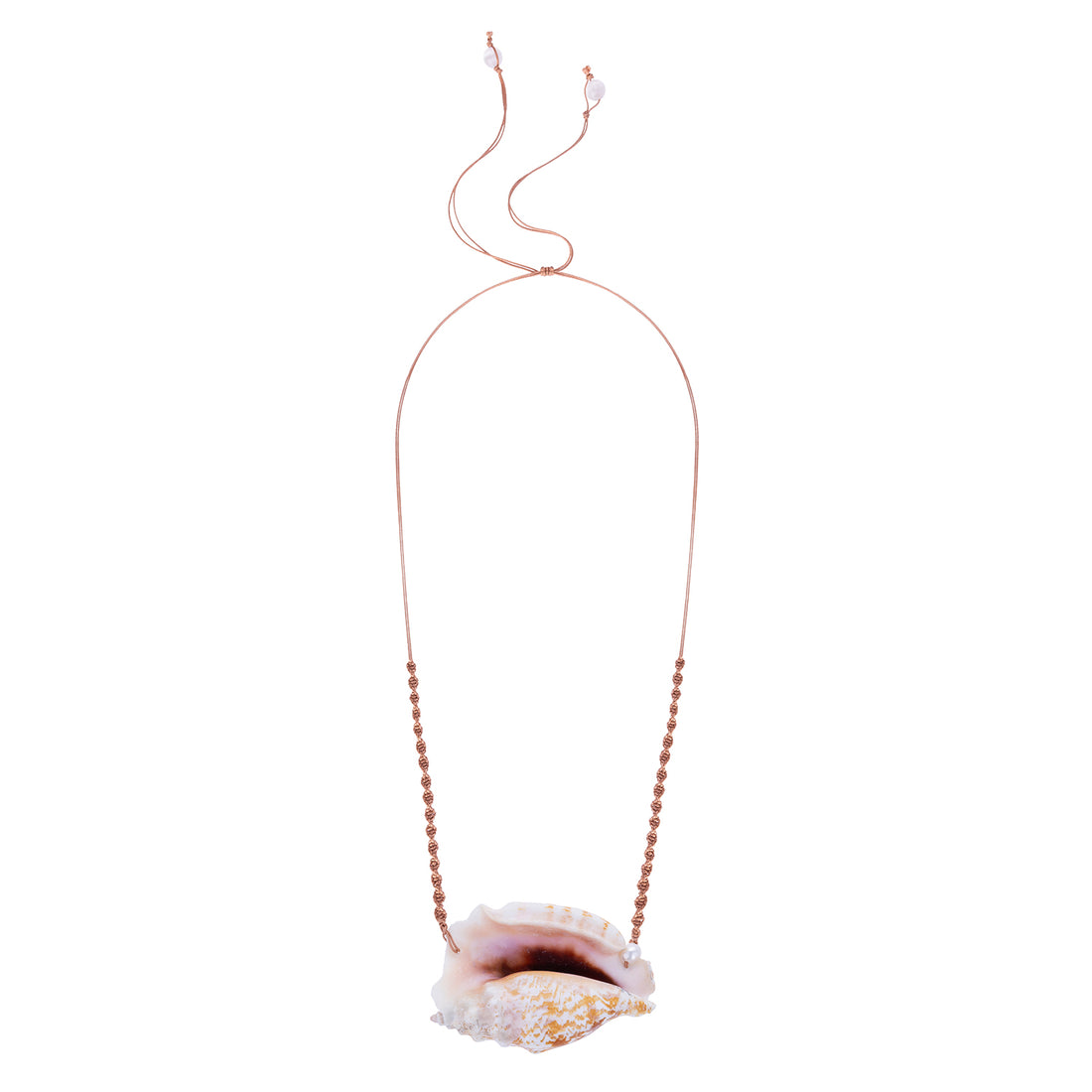 Front view of the Cowrie Helmut Neckpiece featuring a natural helmet shell pendant with a pearl accent on a hand-knotted silk cord.