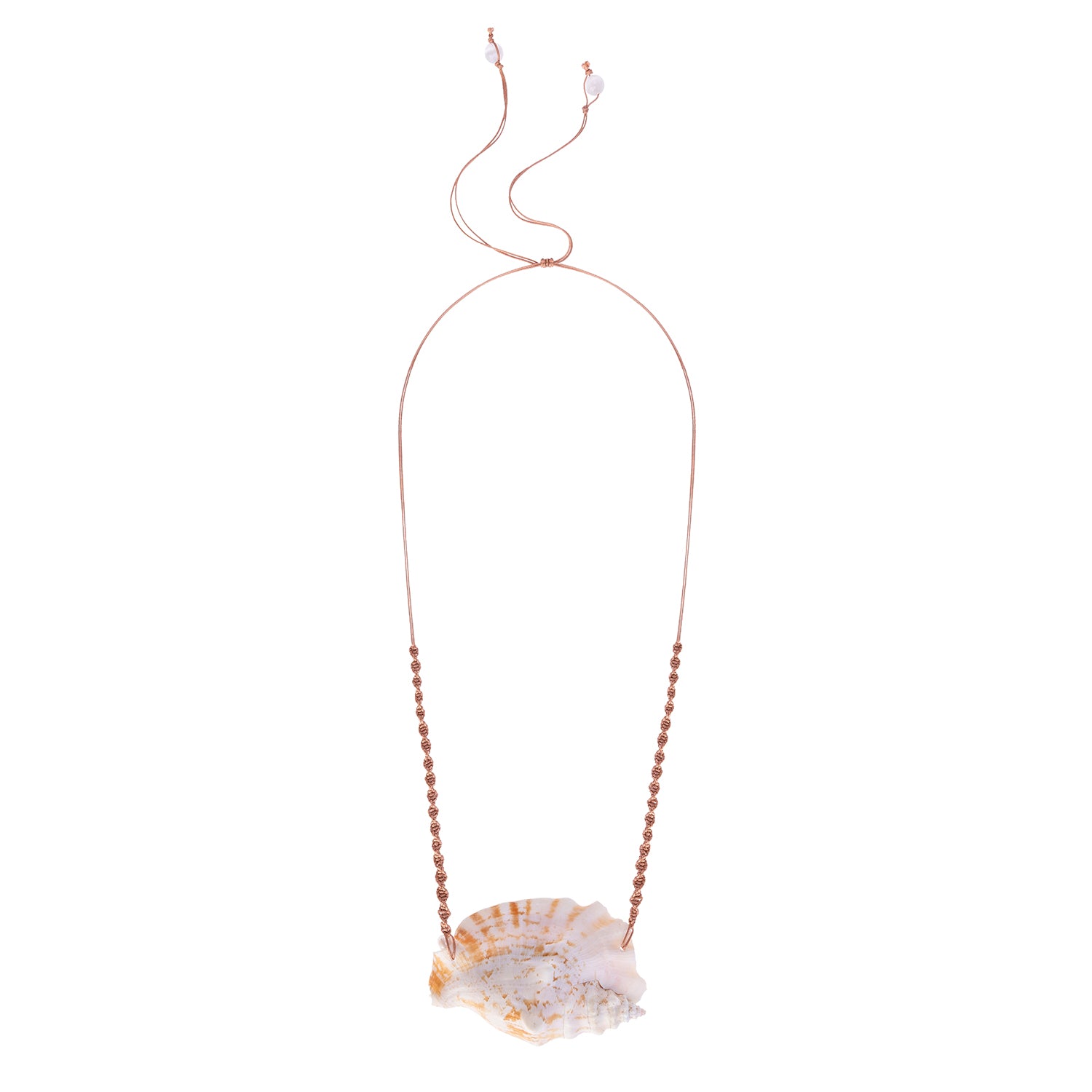 Rear view of the adjustable silk neckpiece showing the natural, speckled patterns of the helmet shell and moonstone bead finishes.