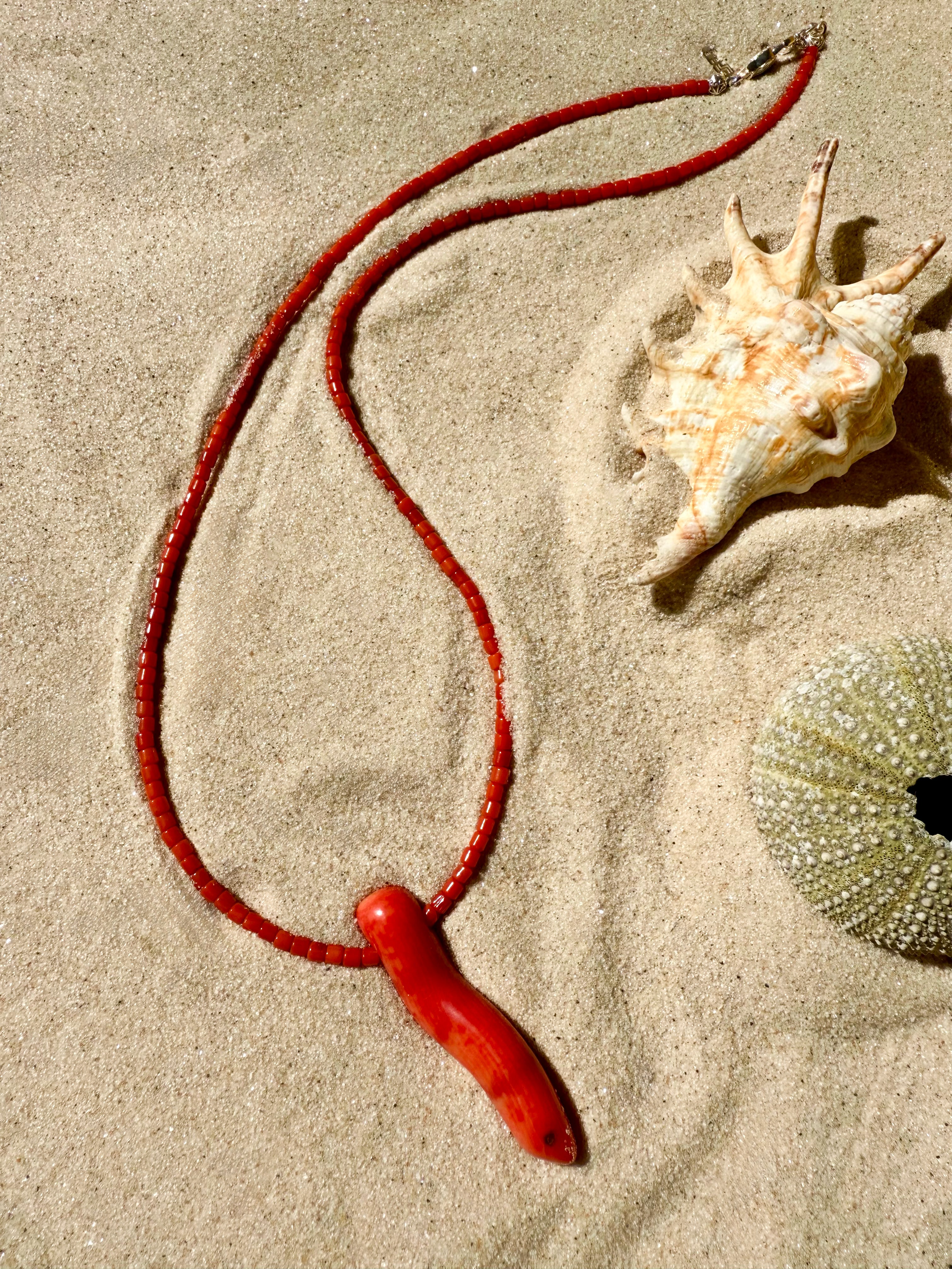 The red coral necklace artistically displayed on beach sand alongside a natural conch shell and sea urchin.