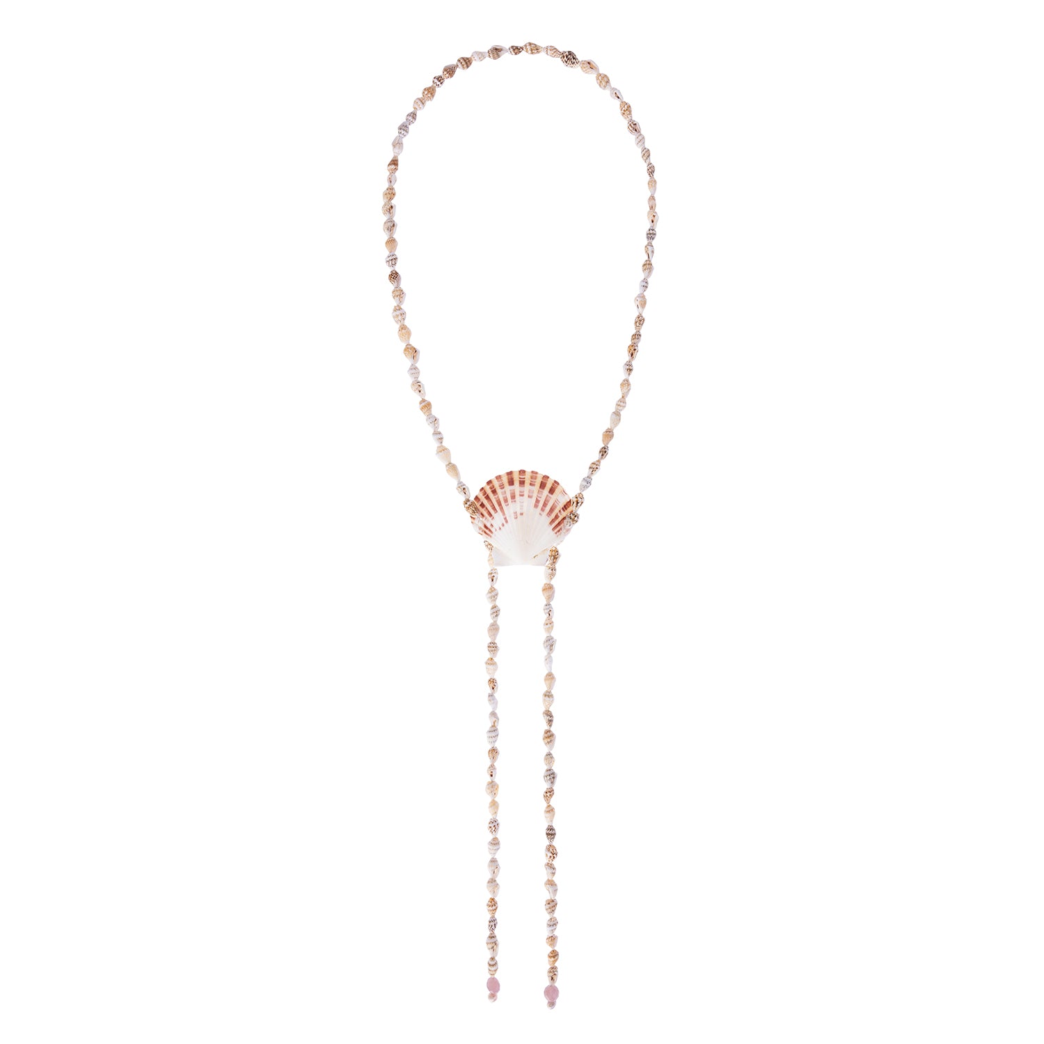 Handcrafted shell necklace featuring a central scallop shell and a strand of tiny shells, finished with white pearls and pink Madagascar rose quartz drops.