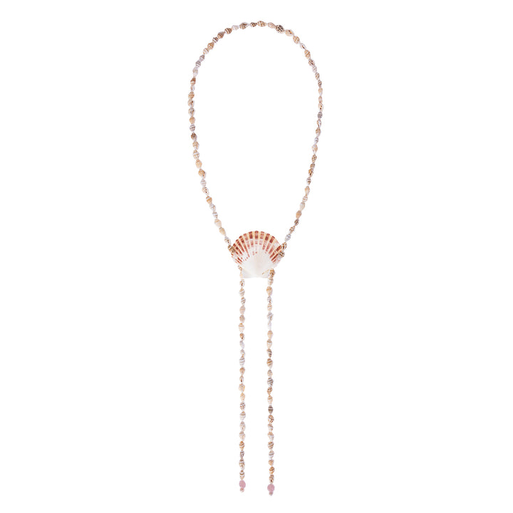 Handcrafted shell necklace featuring a central scallop shell and a strand of tiny shells, finished with white pearls and pink Madagascar rose quartz drops.