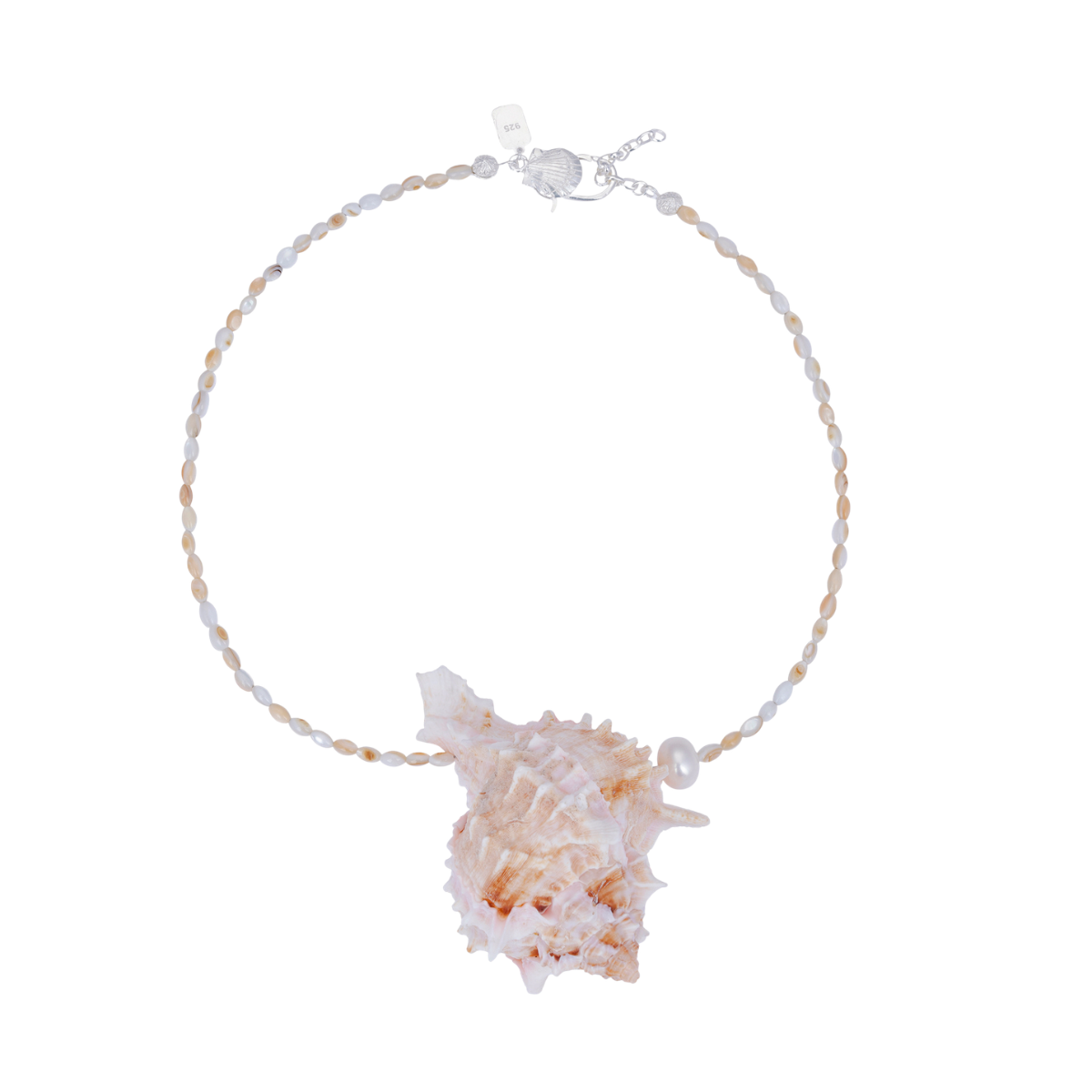 Handcrafted necklace featuring a large, natural pink-tinged murex shell pendant and a single baroque pearl, set on a strand of mother-of-pearl heishi beads with a silver clasp.