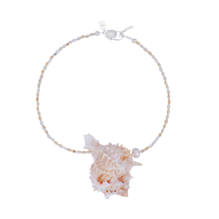 Handcrafted necklace featuring a large, natural pink-tinged murex shell pendant and a single baroque pearl, set on a strand of mother-of-pearl heishi beads with a silver clasp.