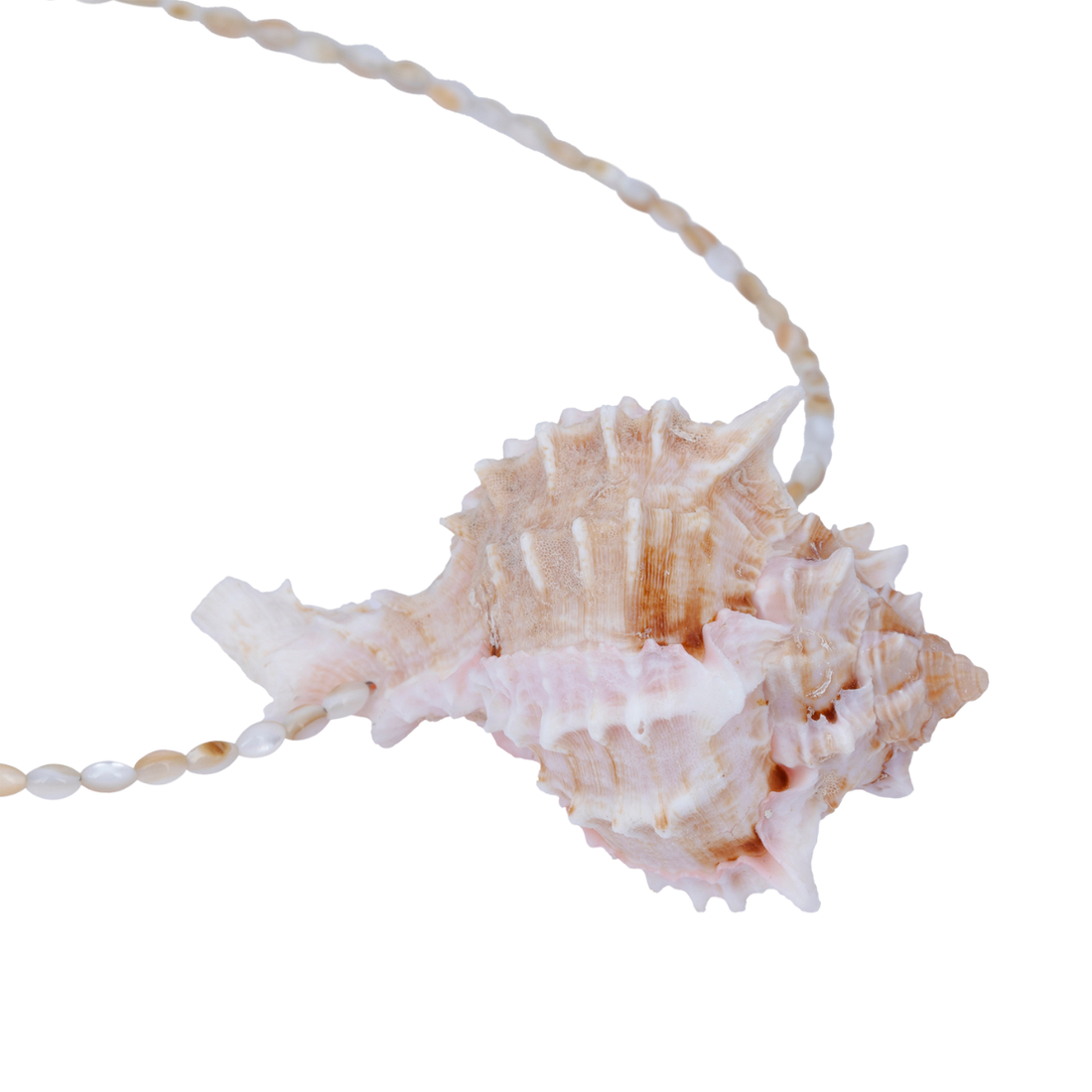 A detailed close-up of the necklace, highlighting the natural, intricate textures of the central murex shell pendant and the unique shape of the accompanying baroque pearl.