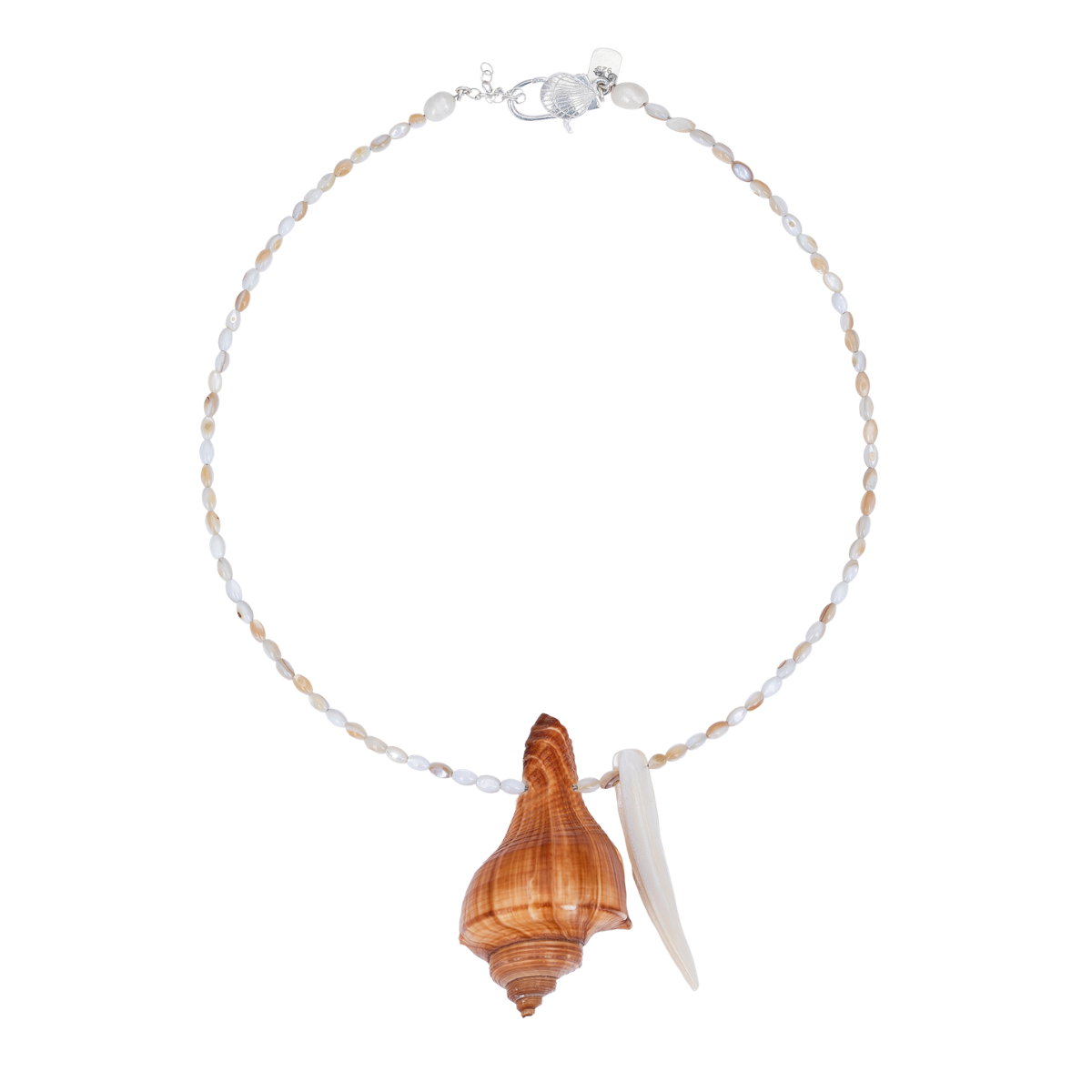 Handcrafted mother-of-pearl heishi bead necklace featuring a polished brown conch and white shell pendant.