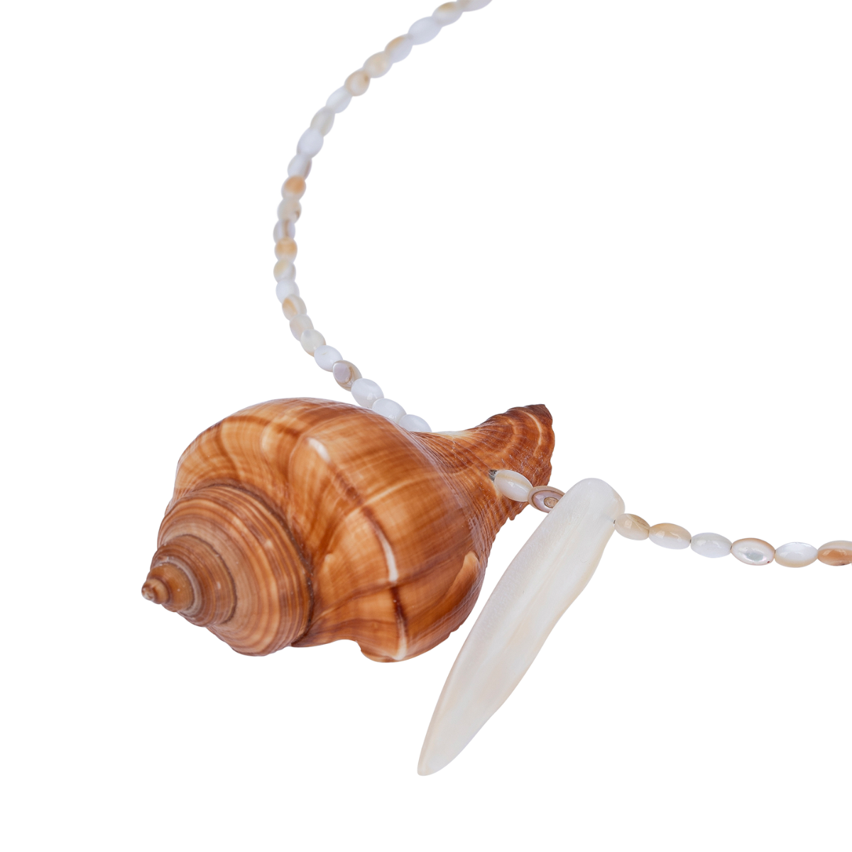 Detailed view of the natural shell pendants and shimmering iridescent beads of the necklace.