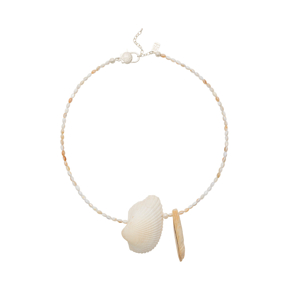 Full view of the Sirinite Oval necklace complete with a sterling silver clasp against a white background.