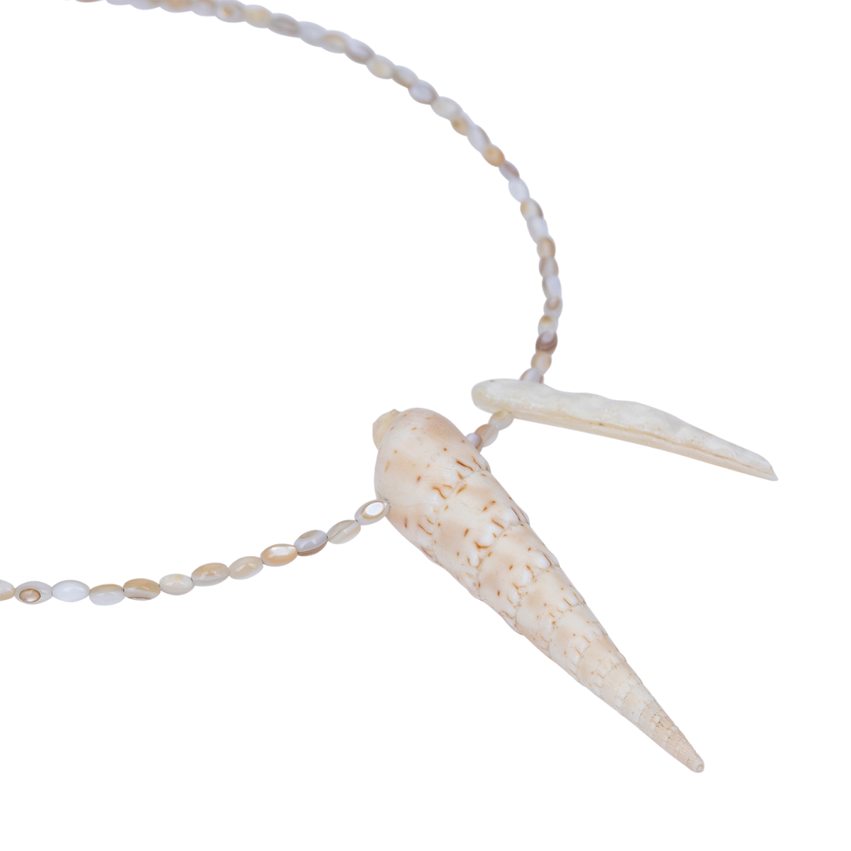 Necklace with shell and bone-like elements on a white background