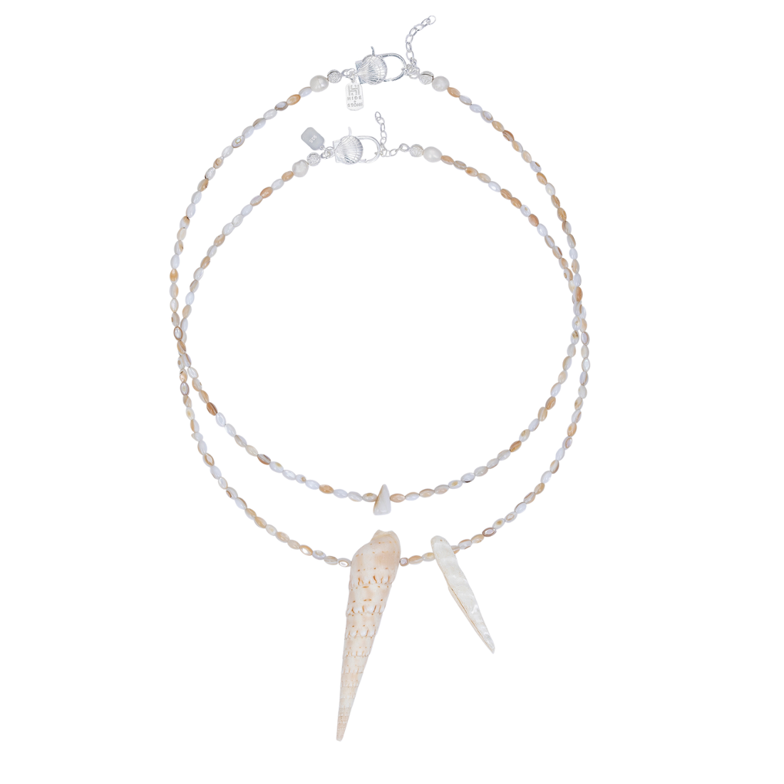 Necklace with shell pendants on a white background