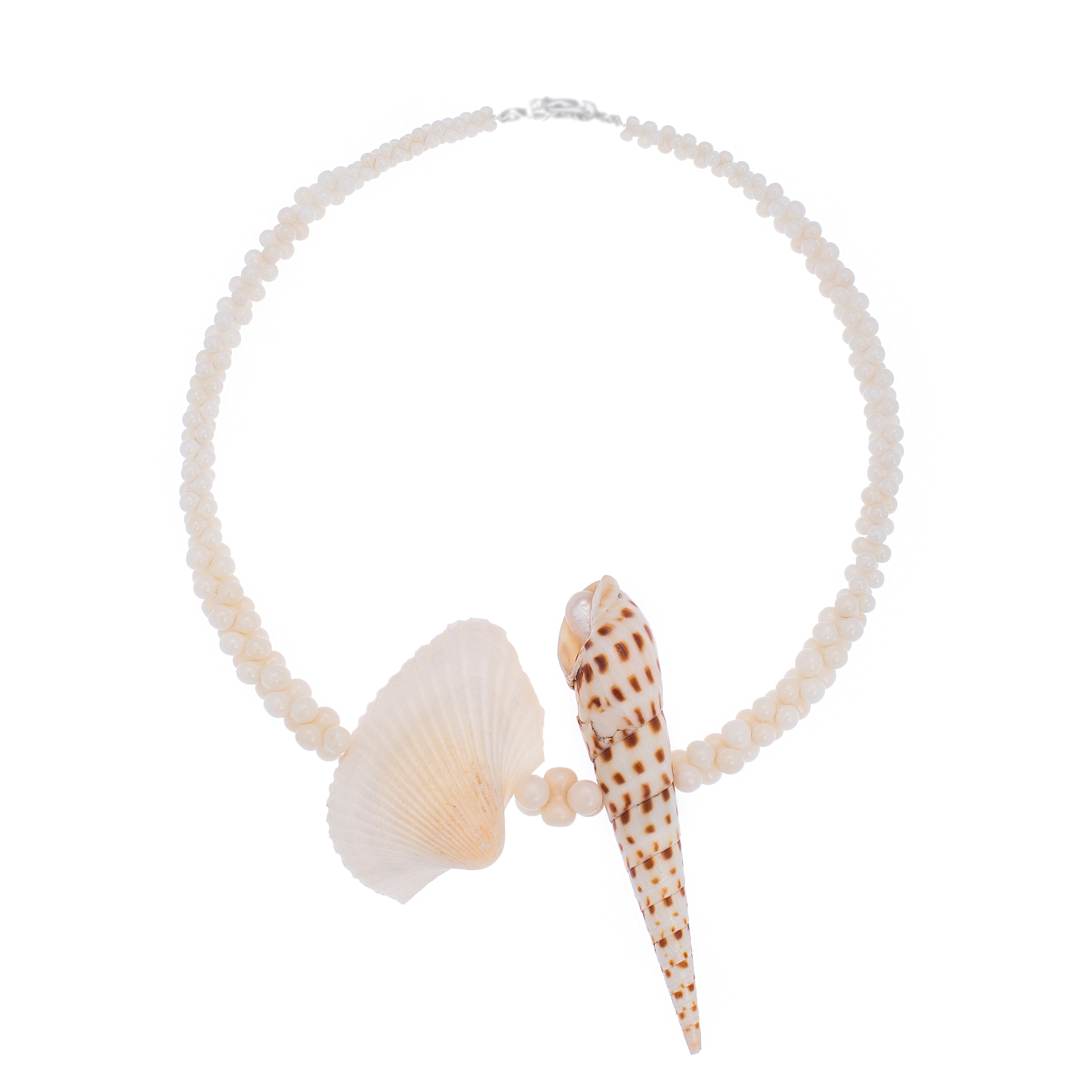 A hand-polished necklace with Oxymeris areolata and Lima lima shells encircled by hand-polished coral beads, featuring a single freshwater pearl.