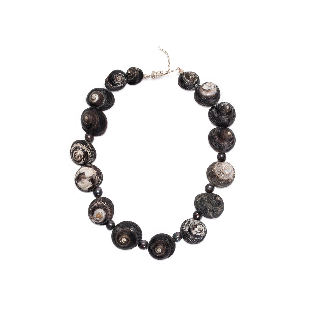 A sterling silver-finished necklace with a combination of pearlized Umbinium and black pearls, with adjustable link.