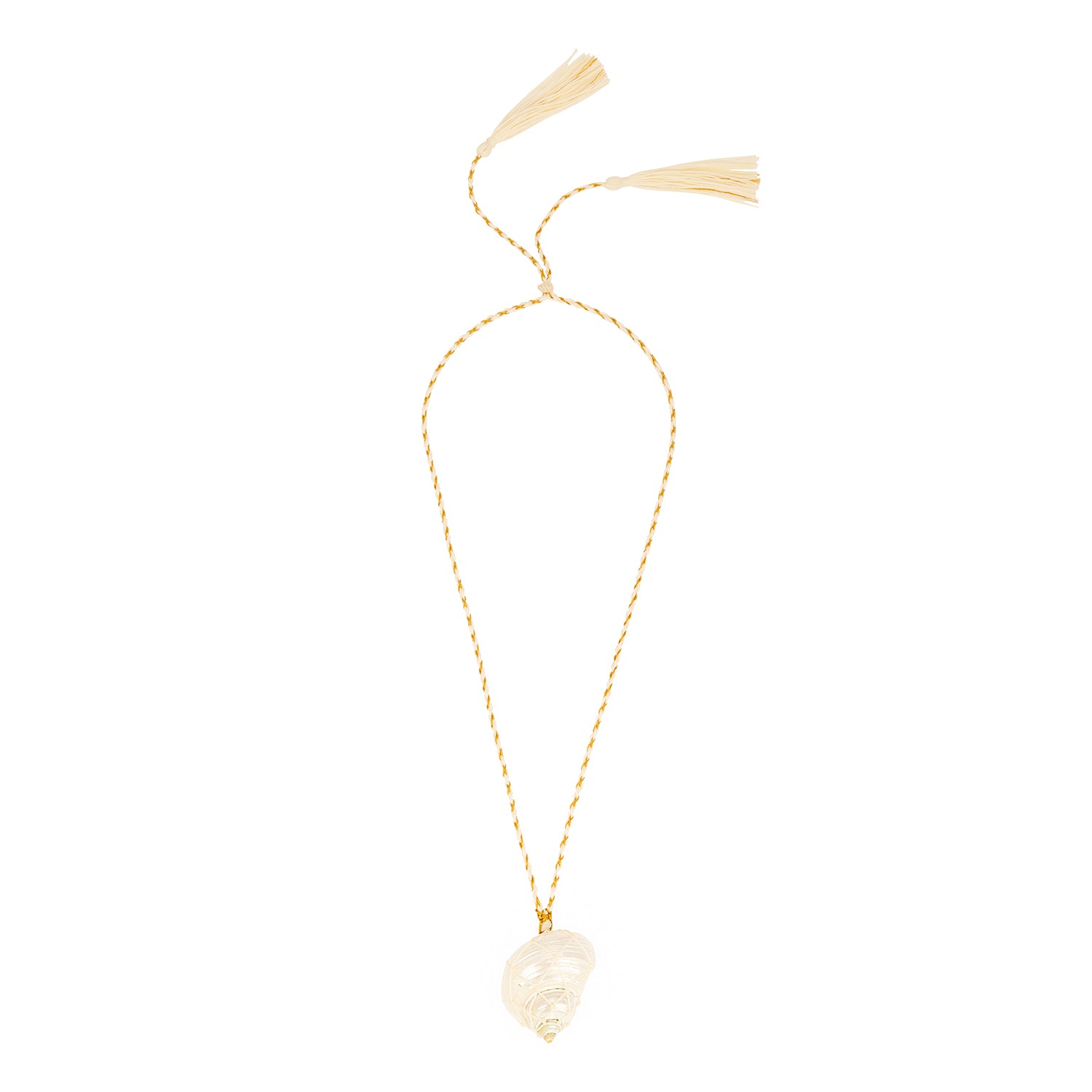 A gold-colored pearl turbo shell necklace with a handwoven net pattern and a tassel detail finish.