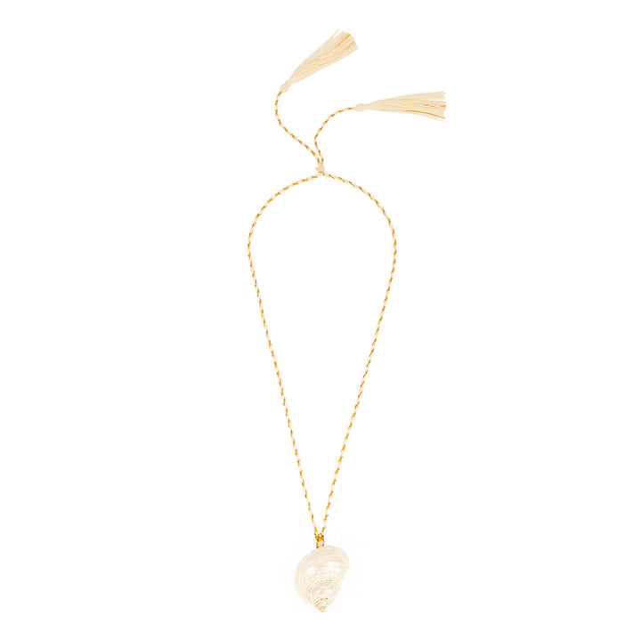 A gold-colored pearl turbo shell necklace with a handwoven net pattern and a tassel detail finish.