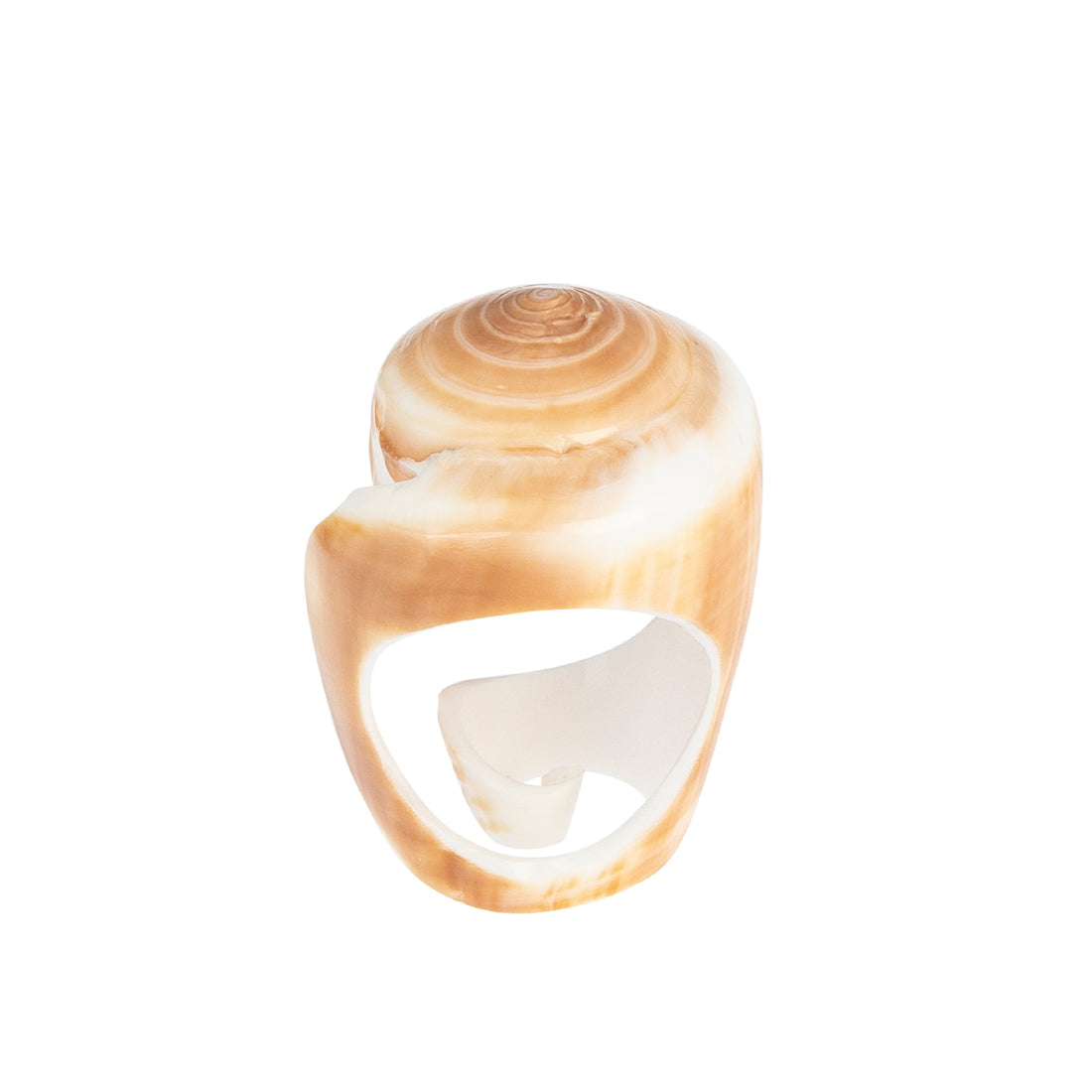 A hand-carved seashell ring set with a semi-precious stone.