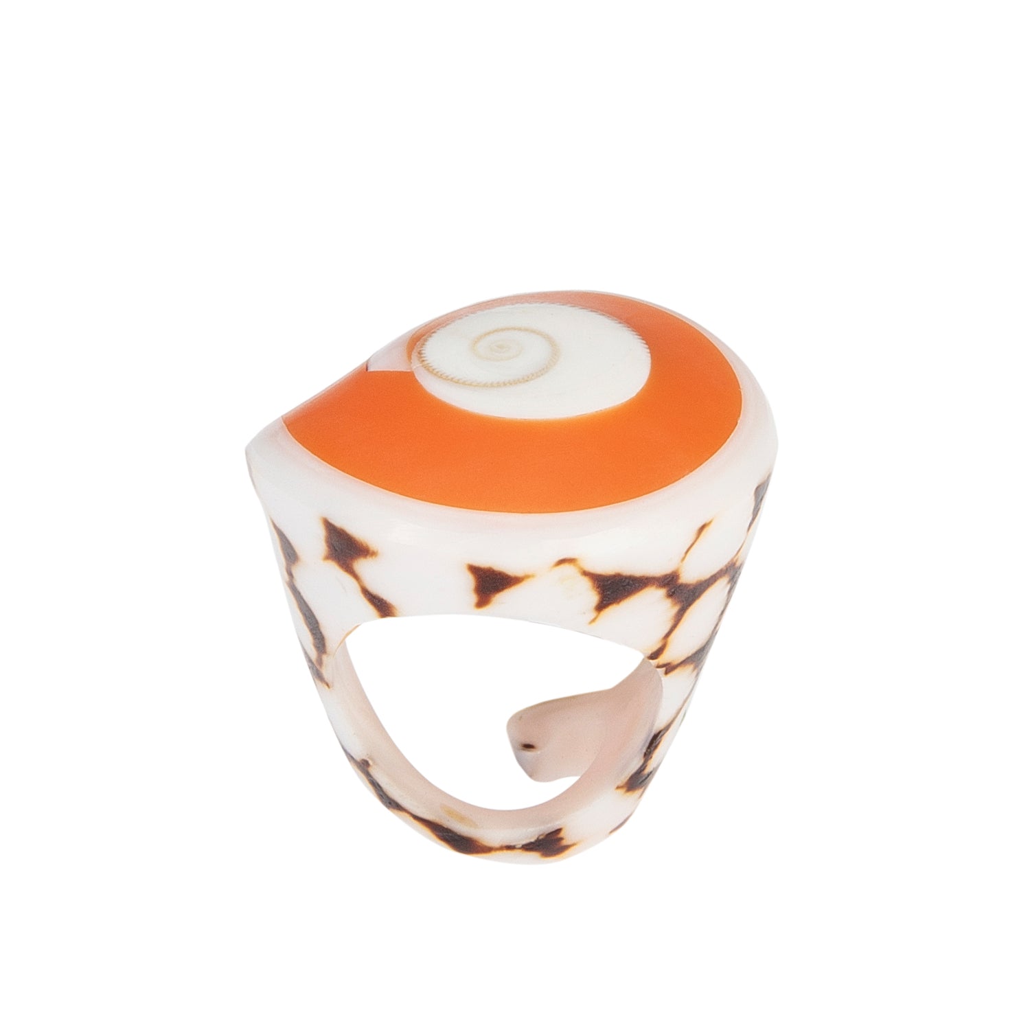A hand-carved seashell ring with orange and white colors, set with a semi-precious stone.